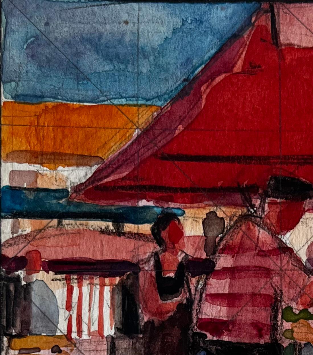 Scena di mercato francese con tettoia rossa e figure di bancarelle di frutta e venditori ambulanti - Art Postimpressionismo di Pierre Neveu