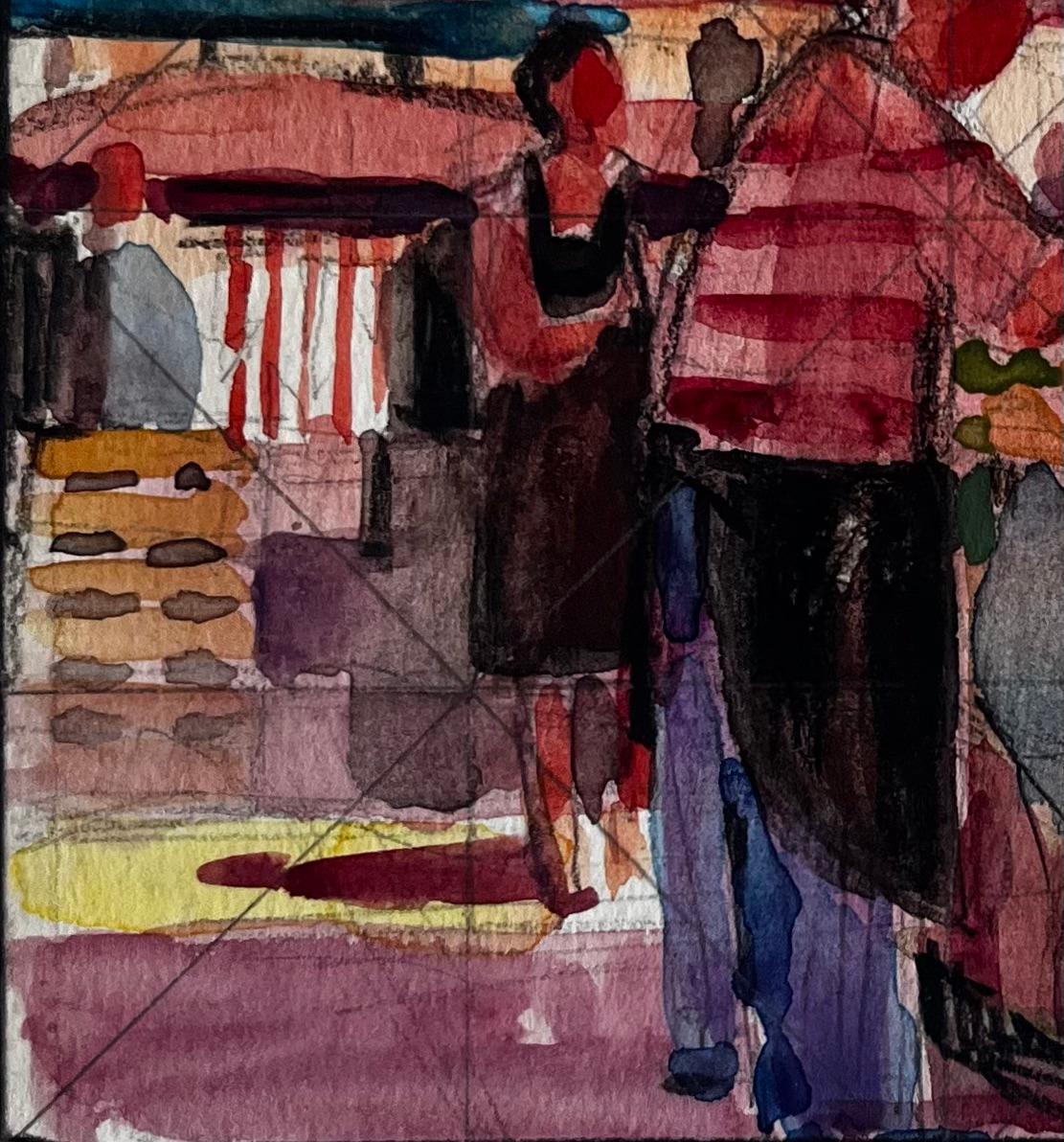 Scena di mercato francese con tettoia rossa e figure di bancarelle di frutta e venditori ambulanti in vendita 1