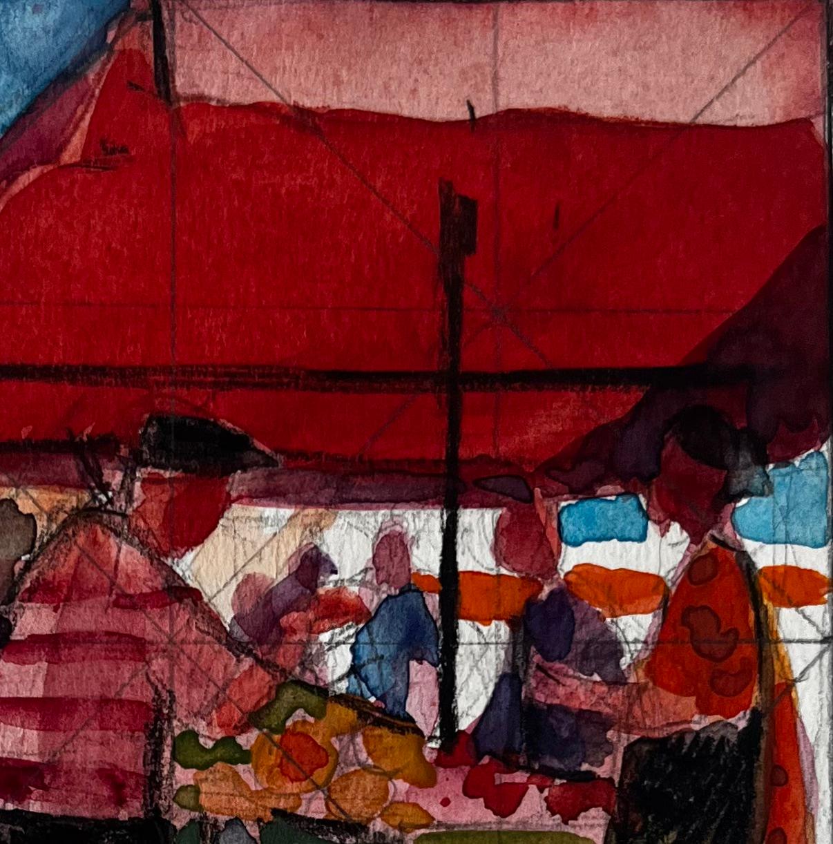 Scena di mercato francese con tettoia rossa e figure di bancarelle di frutta e venditori ambulanti - Landscape Art Marrone di Pierre Neveu