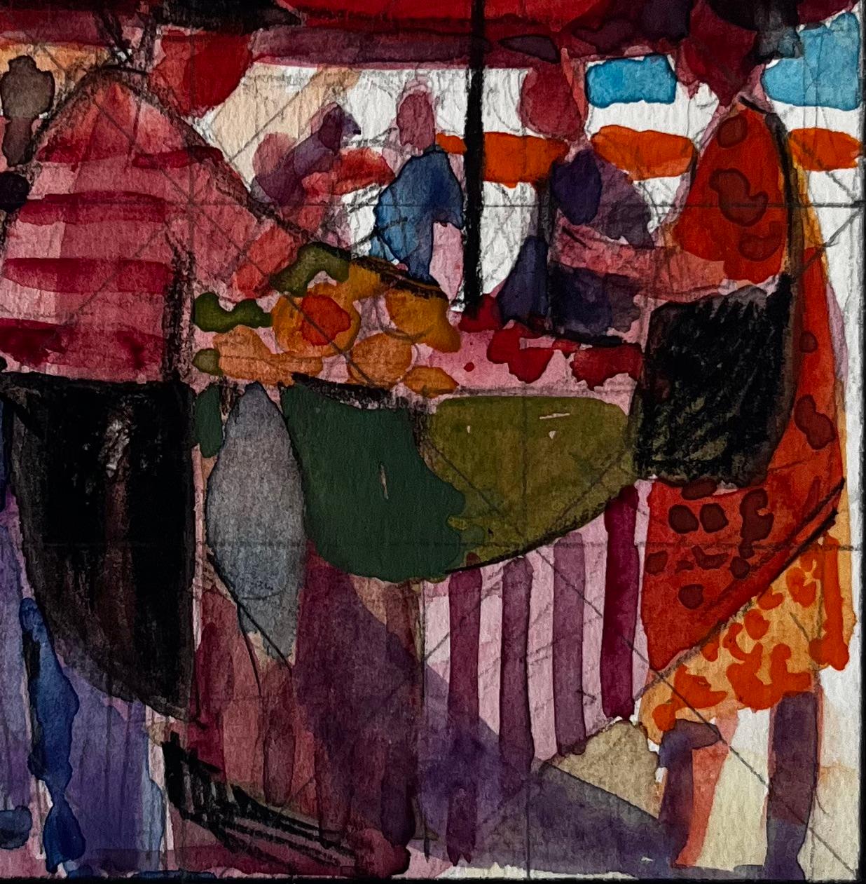 Titolo: Scena di mercato francese con tettoia rossa e figure di bancarelle di frutta e venditori ambulanti
Artista: Pierre Neveu (francese, nato nel 1929)
Medium: Acquerello su carta da artisti, senza cornice
Dimensioni (H. x L): 8,5 x 6,5