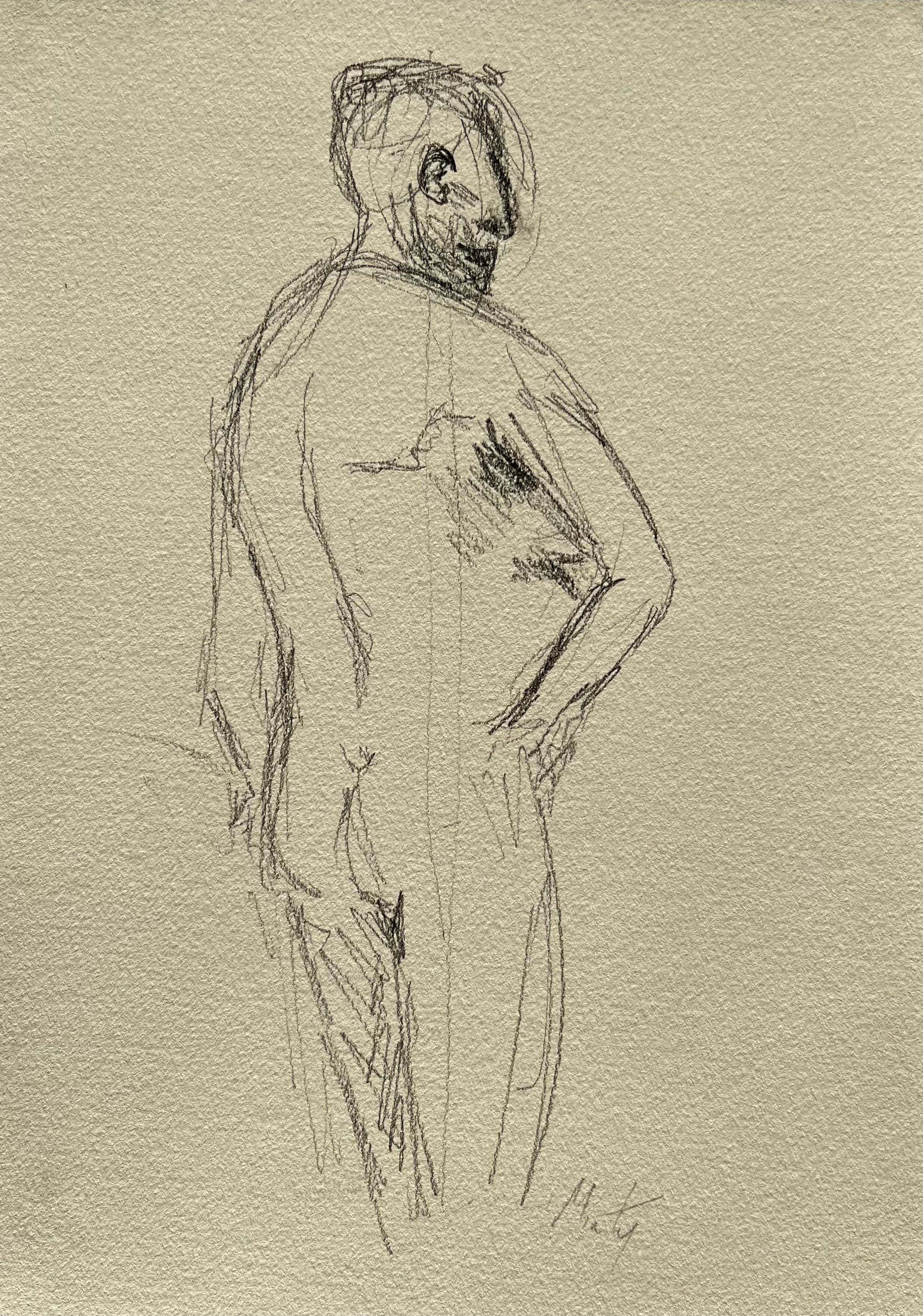 Esquisse au crayon sur papier d
une figure masculine nue en train de se transformer