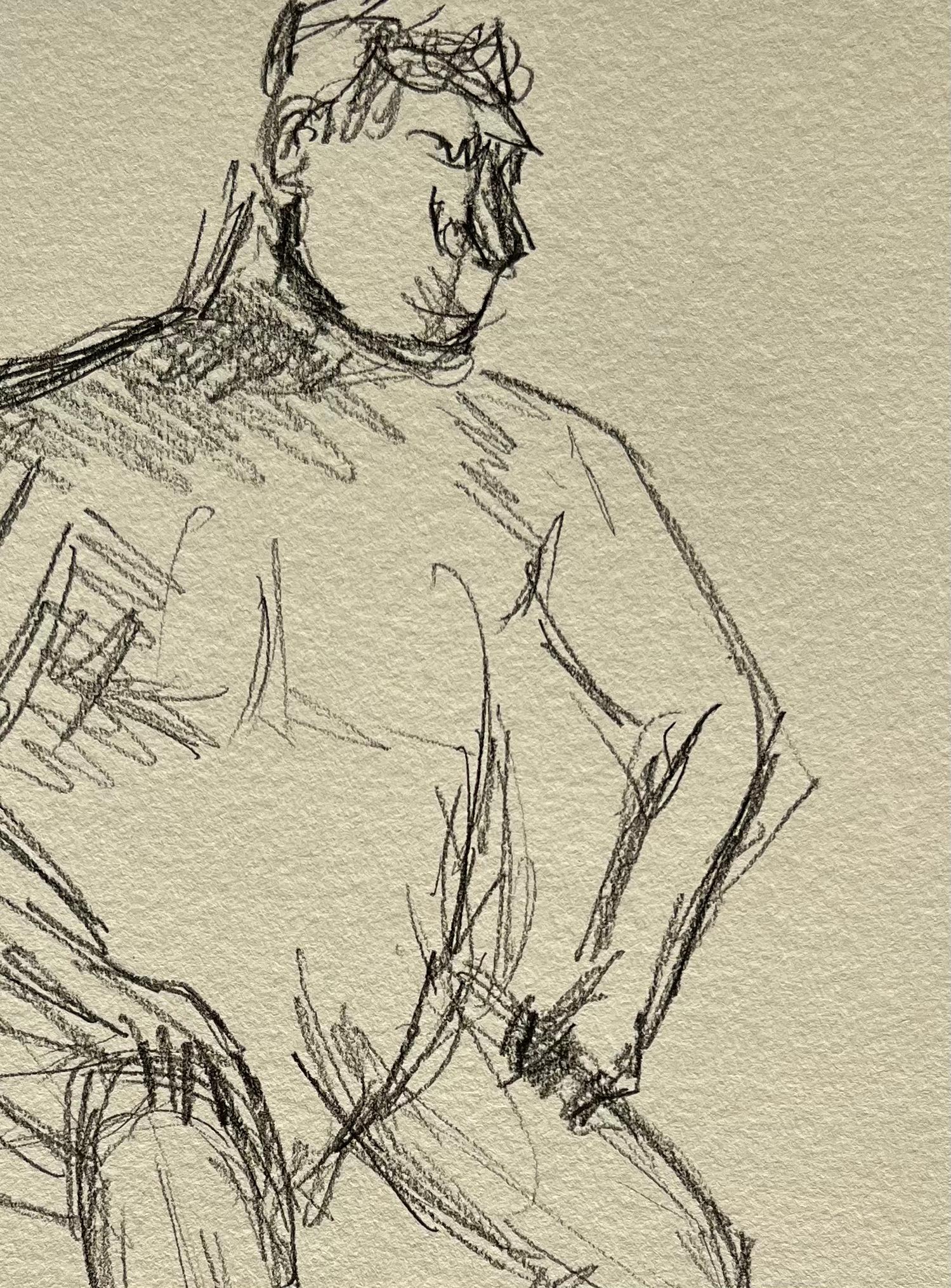 Figure masculine nue assise Esquisse au crayon sur papier - Beige Figurative Art par Minty Ramsey