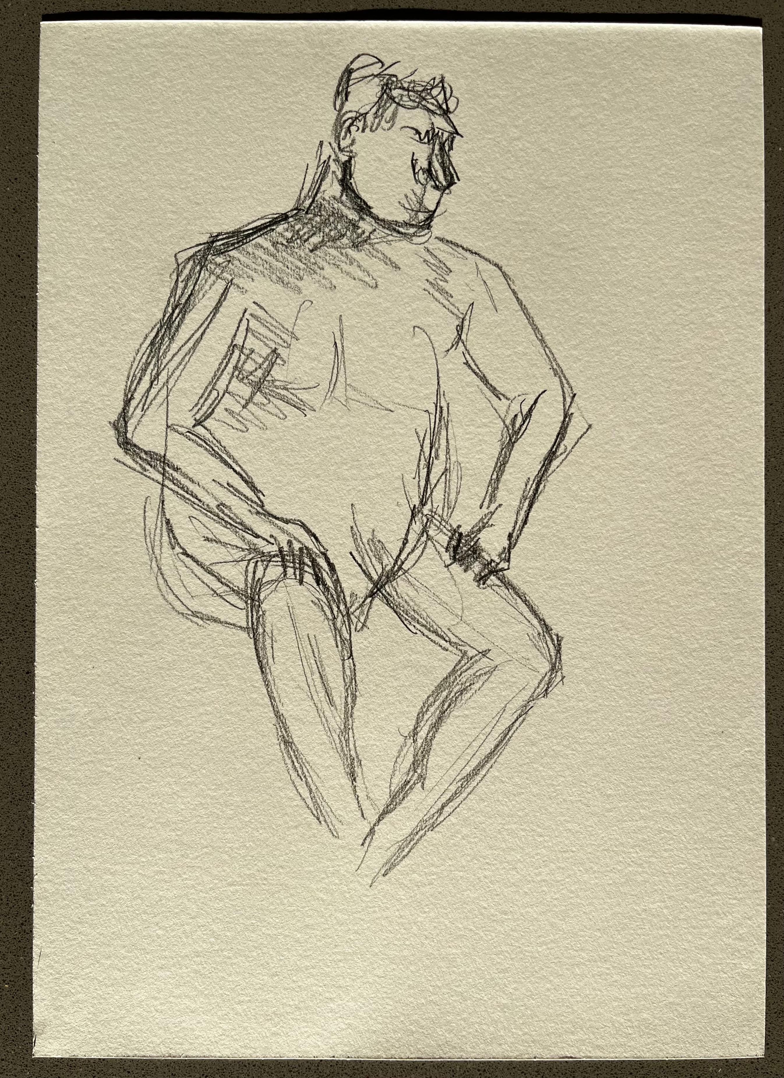 Figure masculine nue assise Esquisse au crayon sur papier - Art de Minty Ramsey