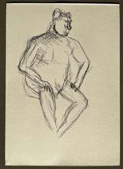 Seated Nude Male Figure Sketch in Pencil on Paper