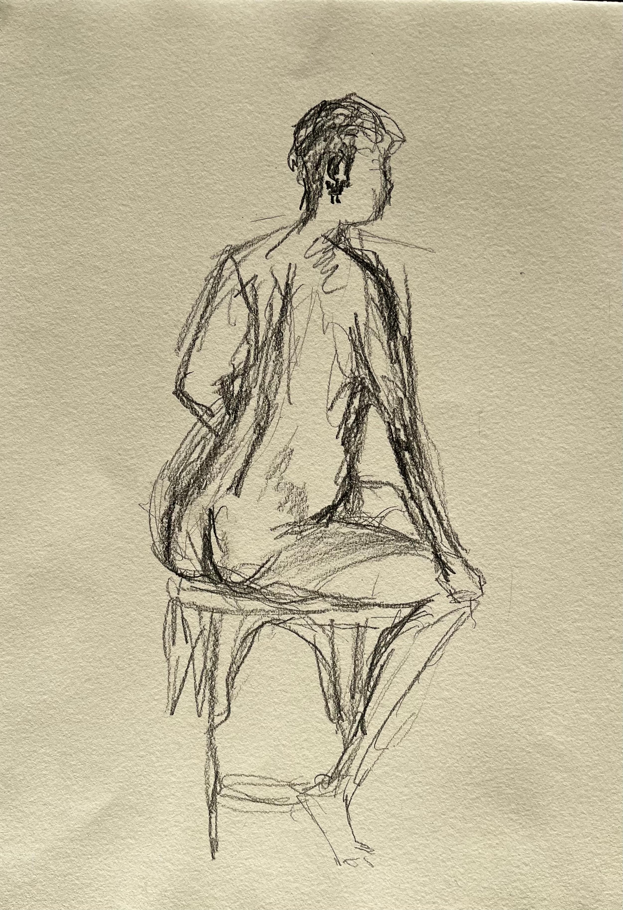 Nude de Minty Ramsey - Dibujo de figura femenina desnuda sentada de espaldas Estudio expresivo gestual a lápiz