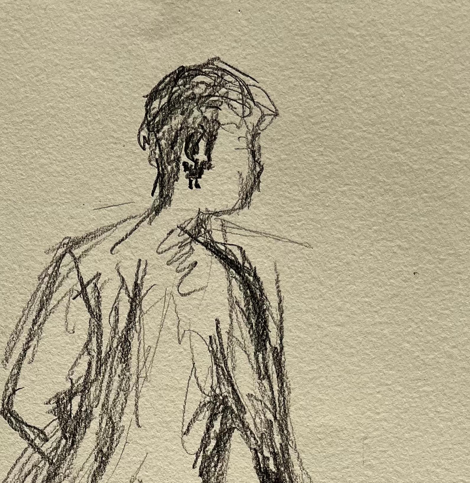 Dibujo de figura femenina desnuda sentada de espaldas Estudio expresivo gestual a lápiz - Art Contemporáneo de Minty Ramsey