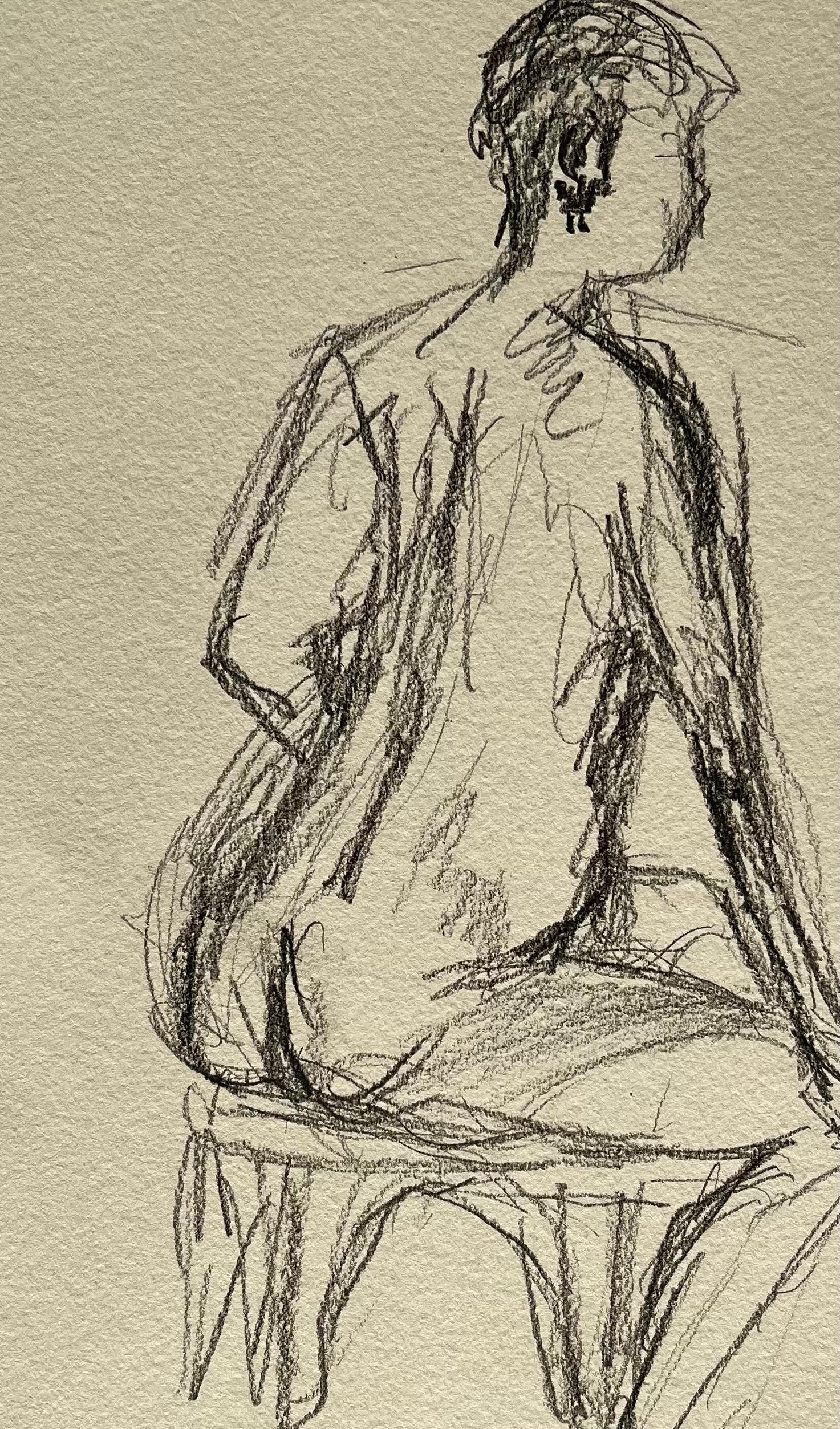 Dibujo de figura femenina desnuda sentada de espaldas Estudio expresivo gestual a lápiz en venta 2