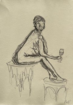 Figura femminile nuda seduta che tiene in mano un bicchiere di vino Disegno gestuale espressivo a matita