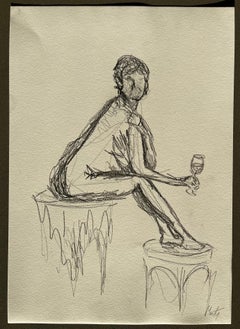 Seated Nude Female Figure Holding Wine Glass Expressive Gestural Pencil Drawing