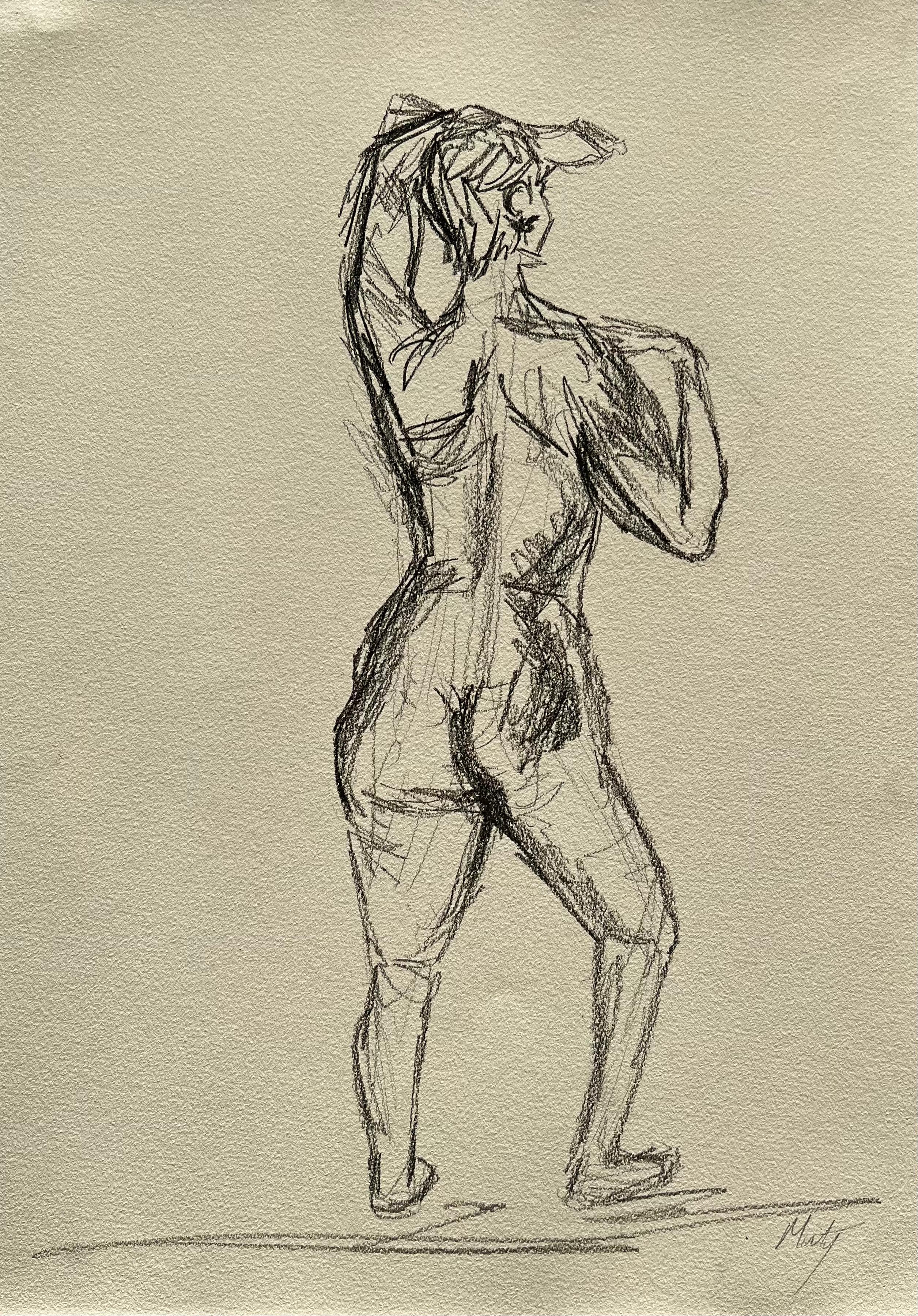 Figura femminile nuda in piedi vista di schiena Disegno espressivo studio contemporaneo