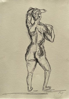 Figura femminile nuda in piedi vista di schiena Disegno espressivo studio contemporaneo