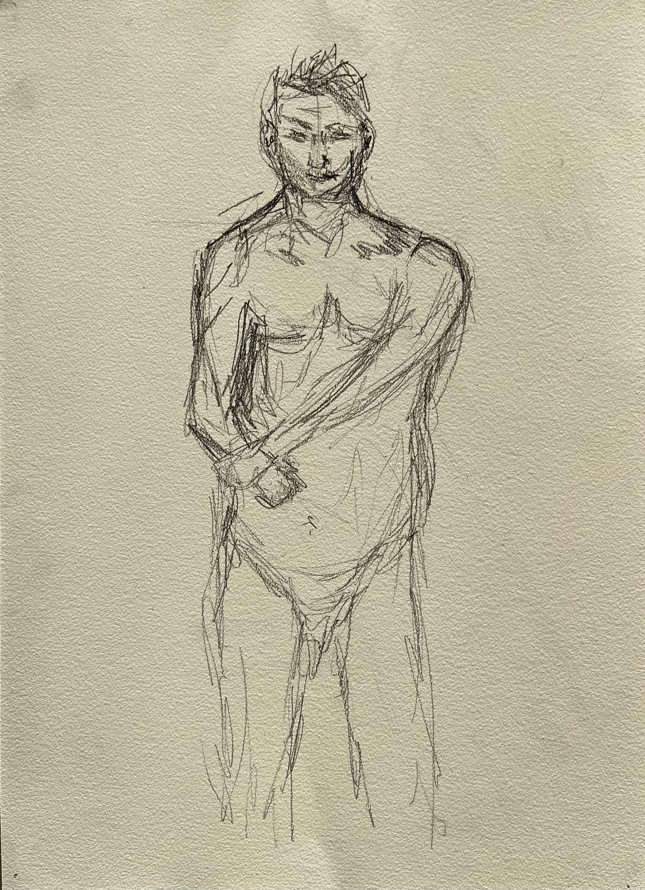Figure masculine nue debout, vue de face, dessin expressif de la vie contemporaine