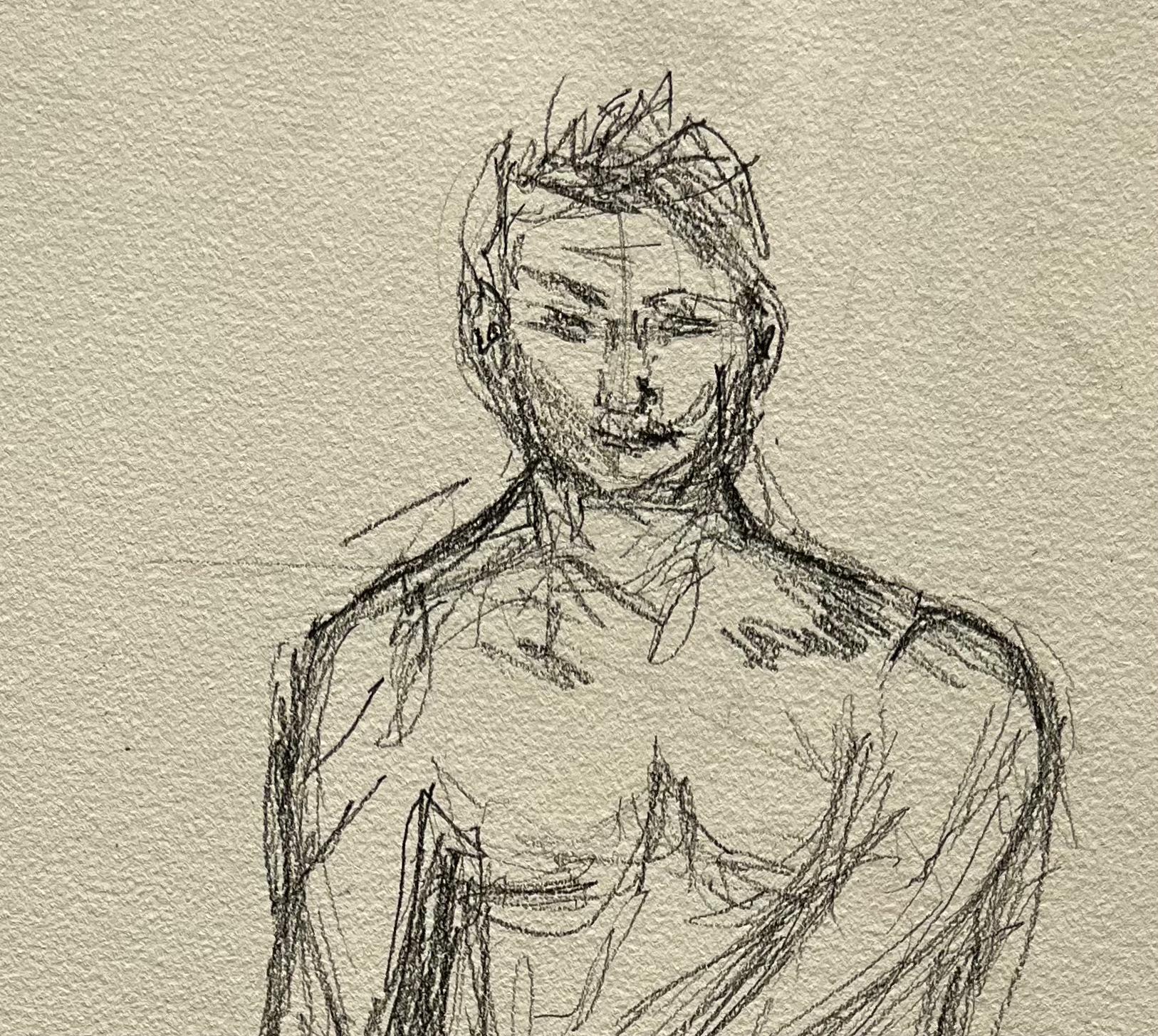 Figure masculine nue debout, vue de face, dessin expressif de la vie contemporaine - Contemporain Art par Minty Ramsey