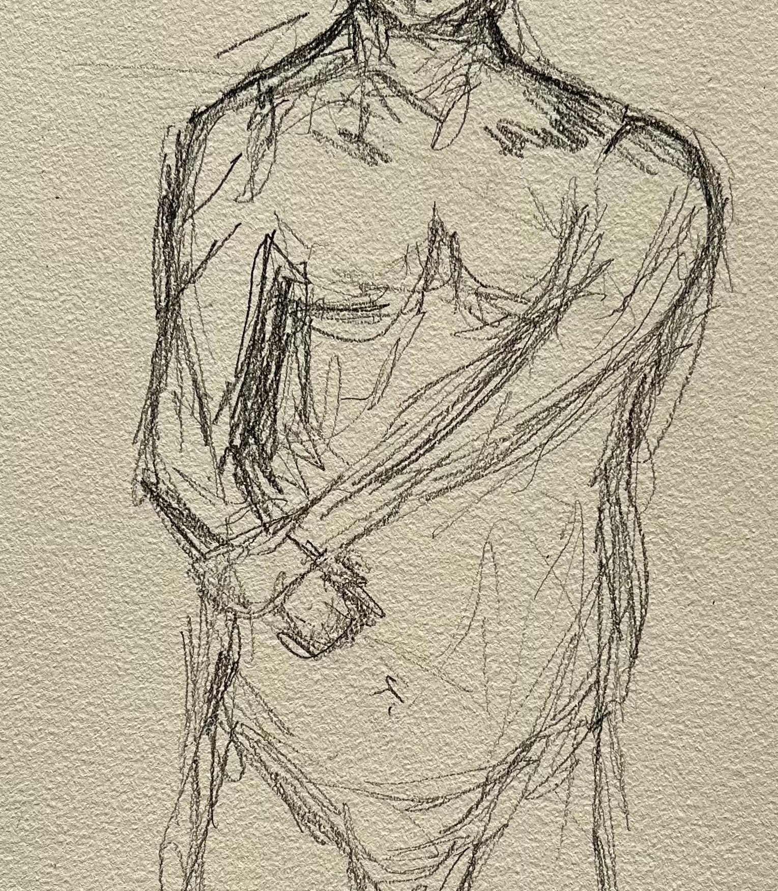 Figure masculine nue debout, vue de face, dessin expressif de la vie contemporaine - Beige Nude par Minty Ramsey