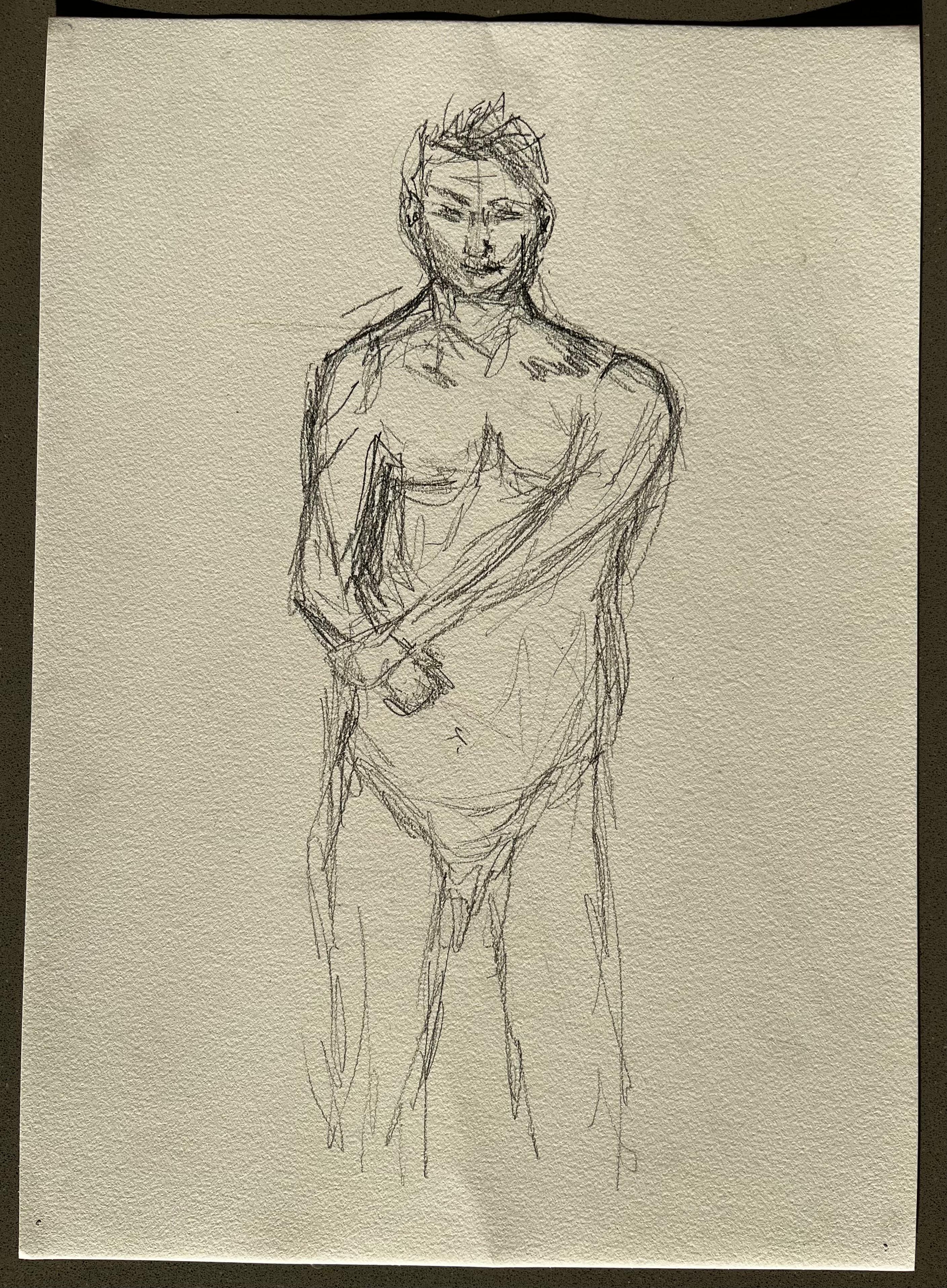 Figure masculine nue debout, vue de face, dessin expressif de la vie contemporaine - Art de Minty Ramsey