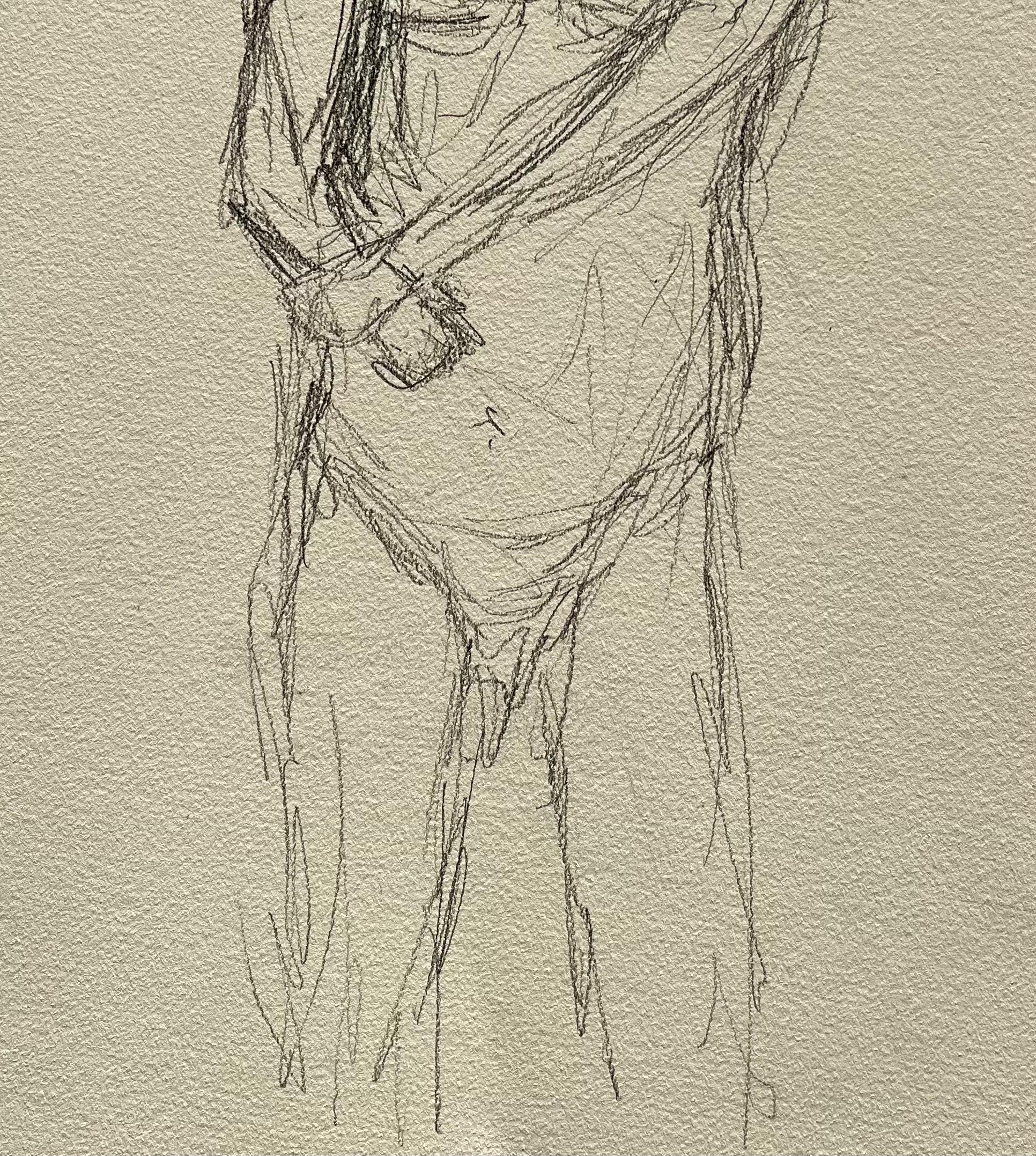 Titre : Figure masculine nue debout, vue de face, dessin expressif de la vie contemporaine au crayon
Par Minty Ramsey
Signé au verso
Taille : 11.75 x 16.5 pouces (hauteur x largeur)
Moyen : Dessin au crayon sur papier, non encadré
Condit : Bon état