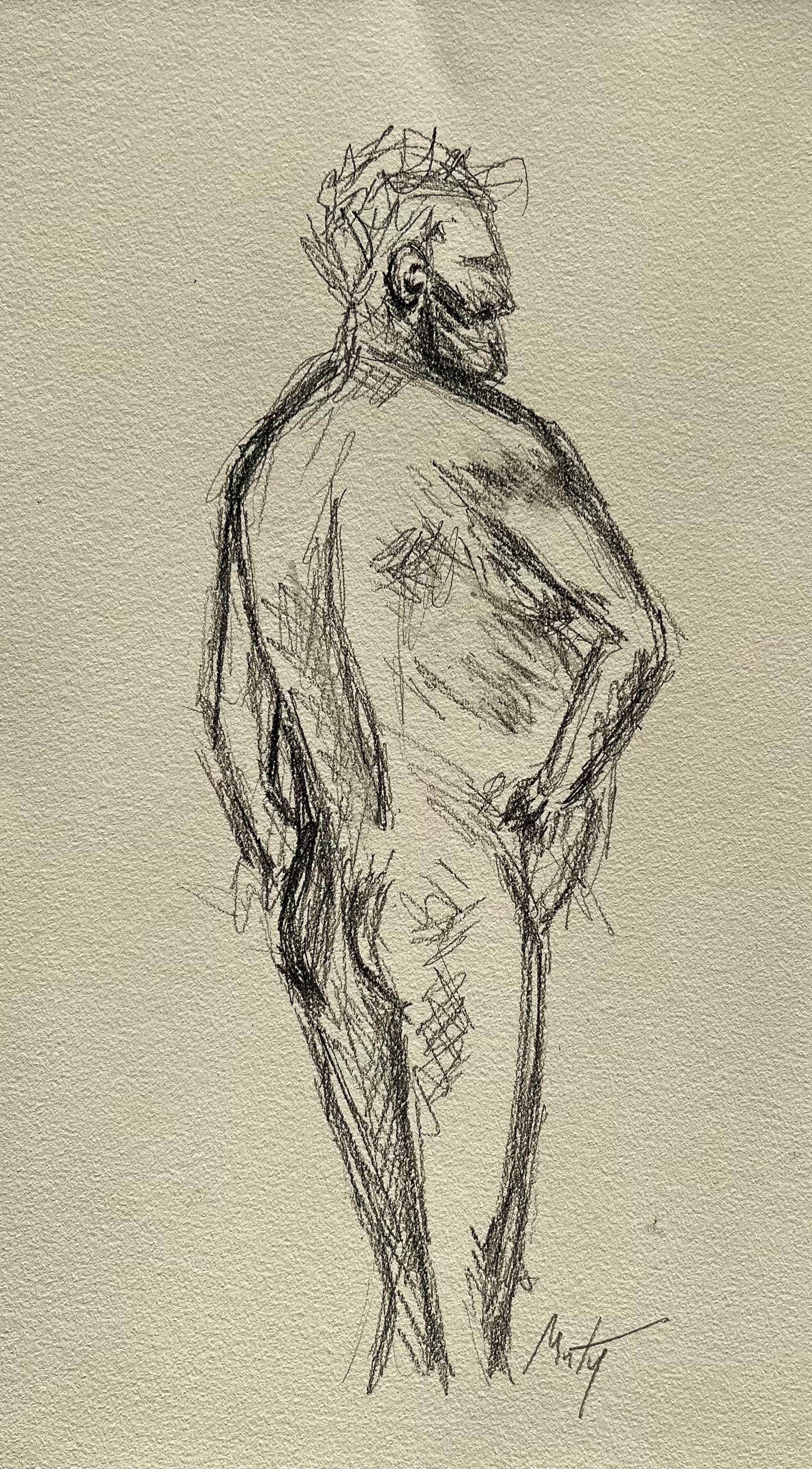 Debout, vue de dos, figure masculine nue expressive Dessin de vie contemporain