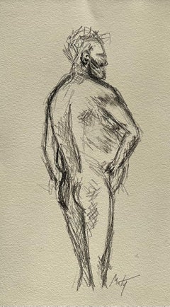 Figura maschile nuda in piedi vista di schiena Disegno dal vero contemporaneo espressivo