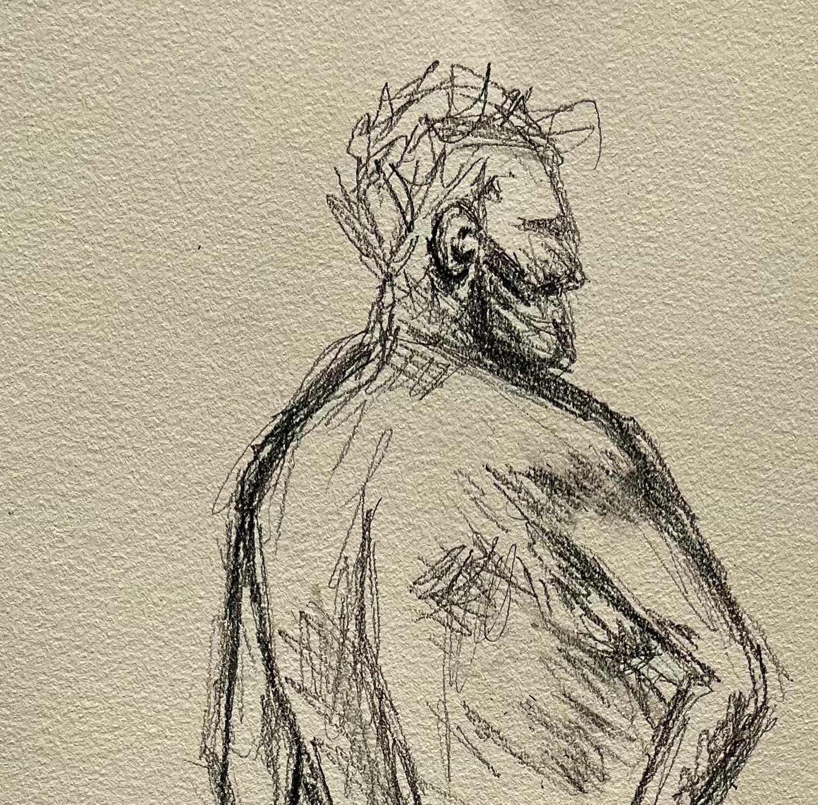 Debout, vue de dos, figure masculine nue expressive Dessin de vie contemporain - Contemporain Art par Minty Ramsey