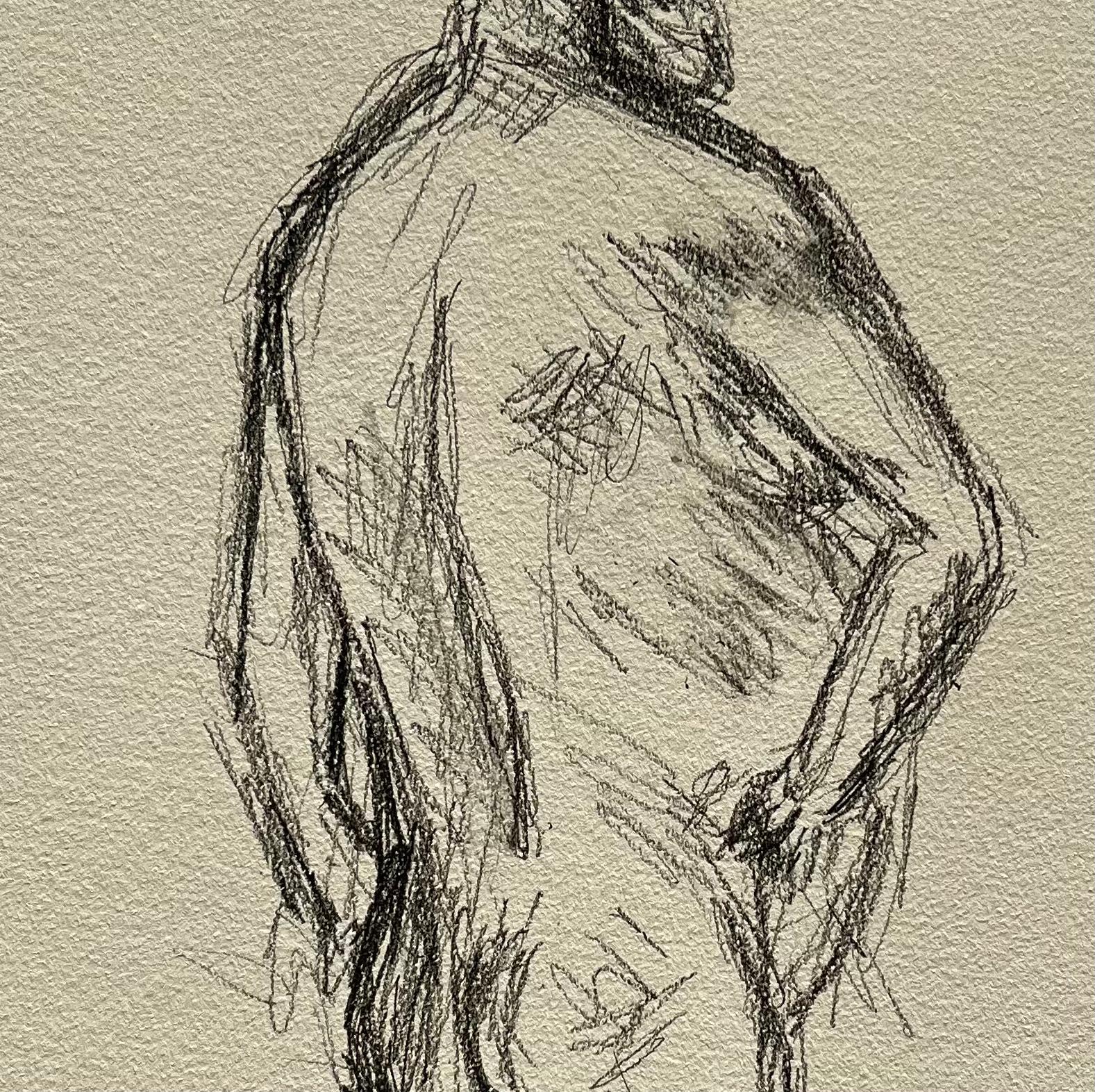 Debout, vue de dos, figure masculine nue expressive Dessin de vie contemporain - Beige Nude par Minty Ramsey