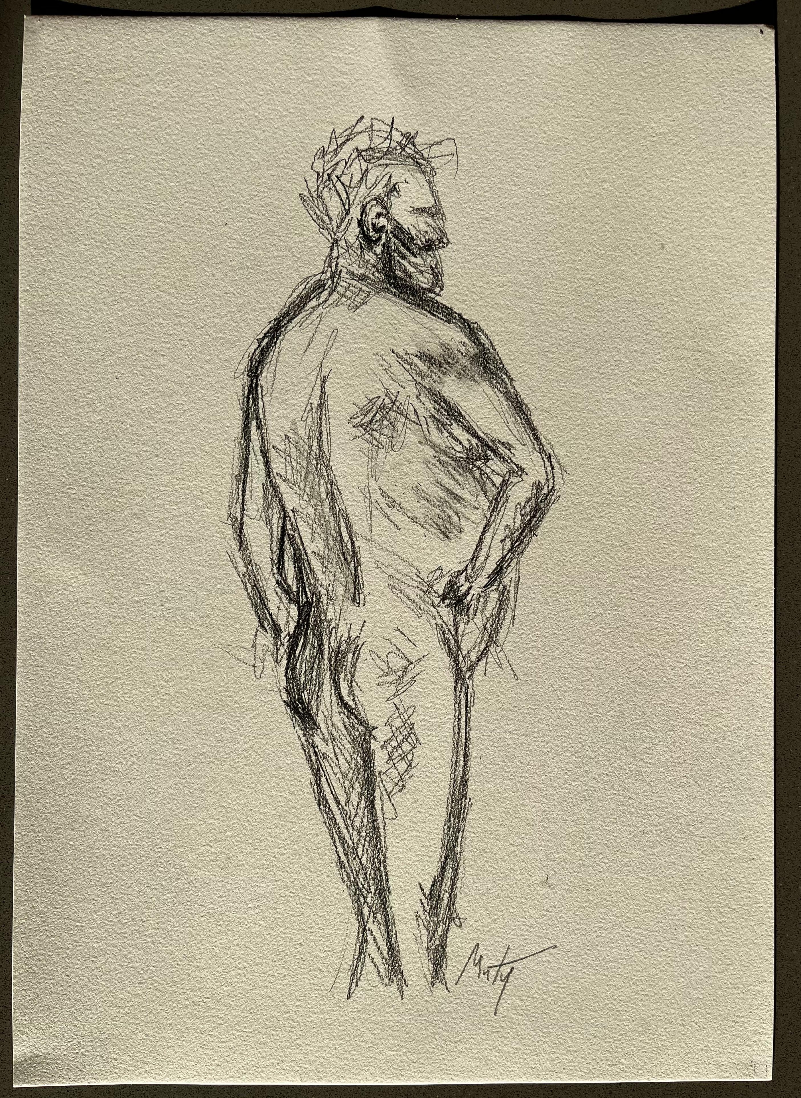 Debout, vue de dos, figure masculine nue expressive Dessin de vie contemporain - Art de Minty Ramsey