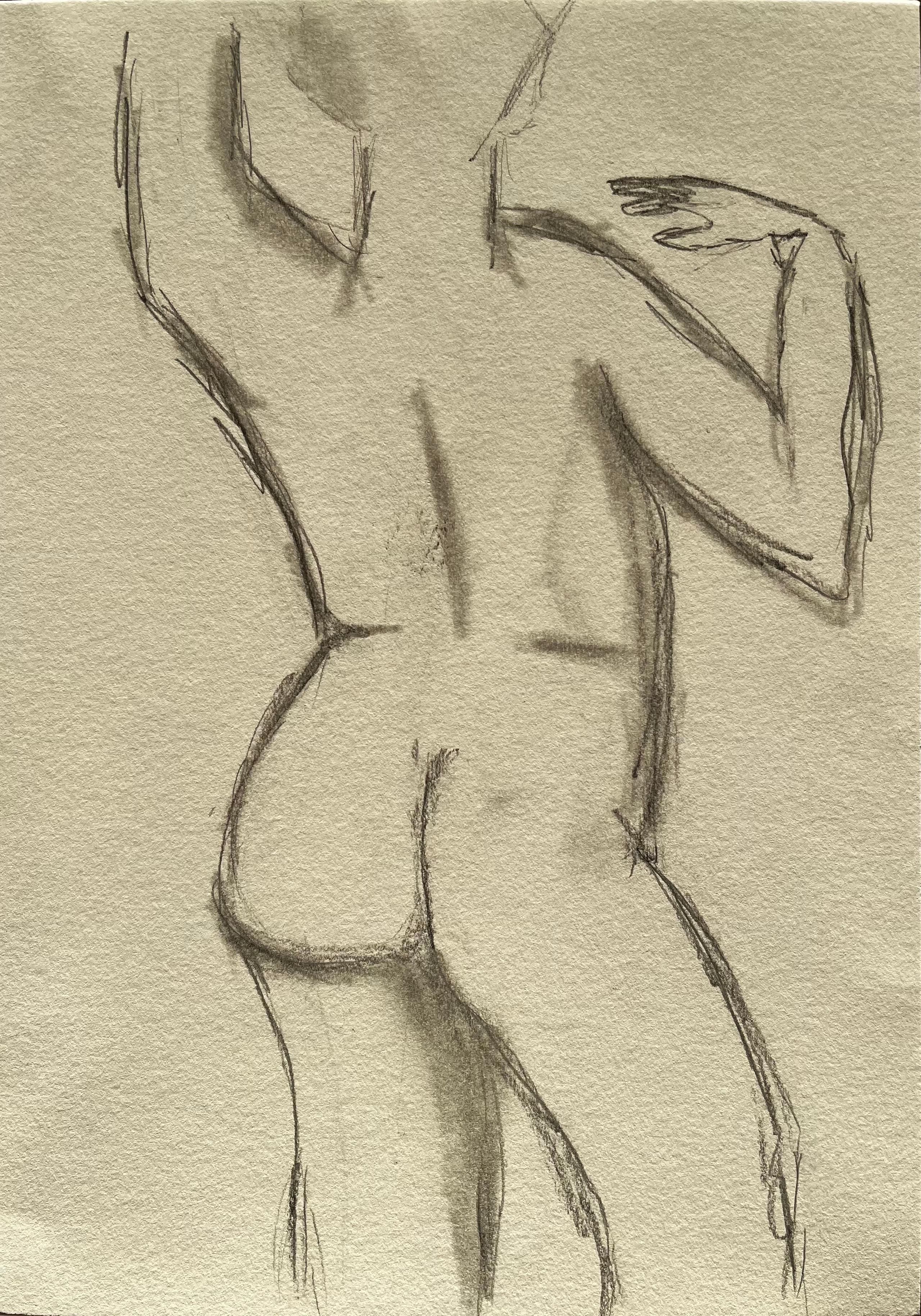 Vista Posterior Figura Femenina Desnuda Dibujo Expresivo Contemporáneo a Lápiz Dibujo al Natural