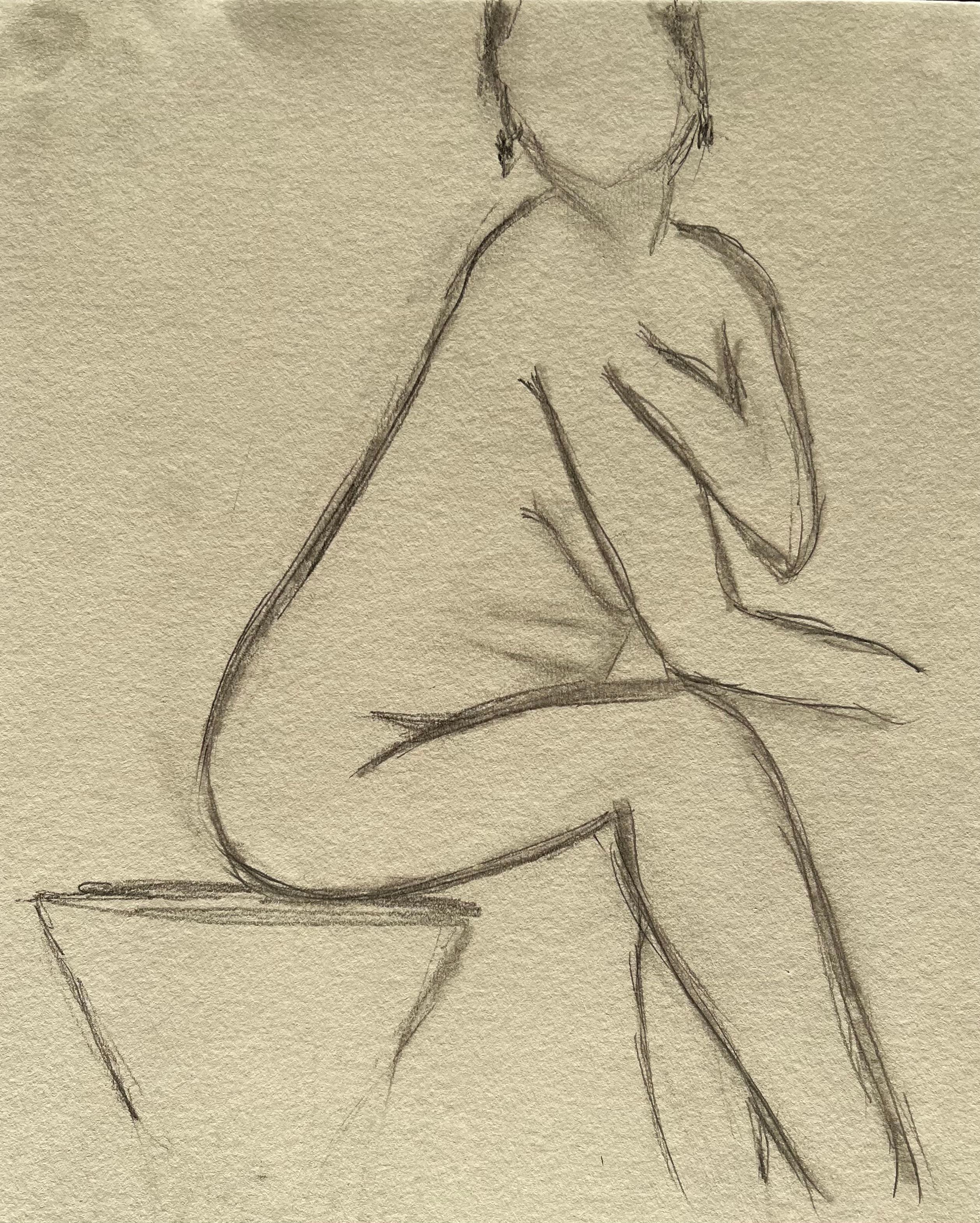 Figura femenina desnuda sentada Dibujo minimalista a lápiz del natural Gesto contemporáneo