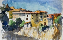 Used Mediterranean Hilltop Village Houses Trees and Summer Sky Watercolor