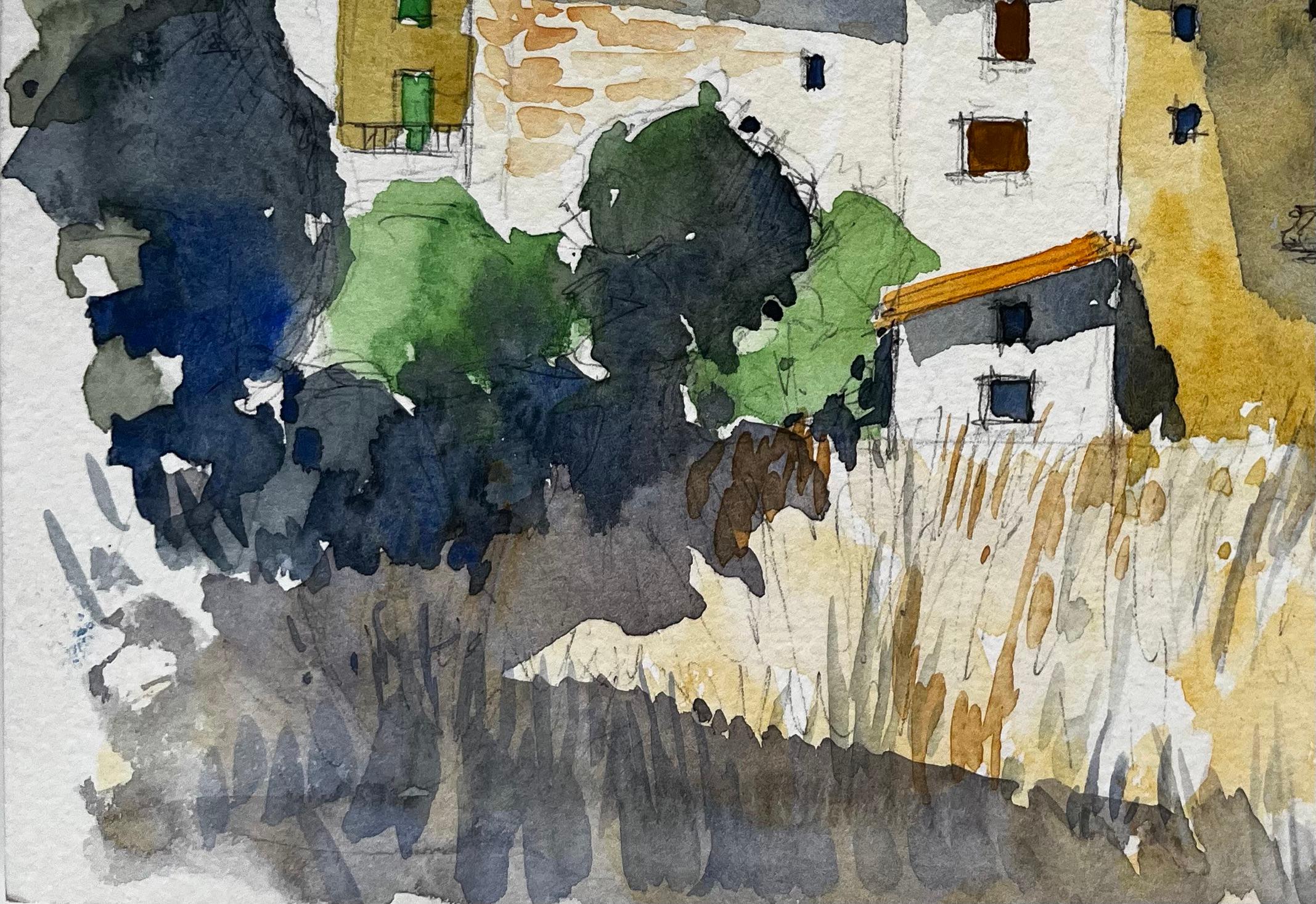 Acuarela de Casas de Pueblo Mediterráneo Árboles y Cielo de Verano en venta 1