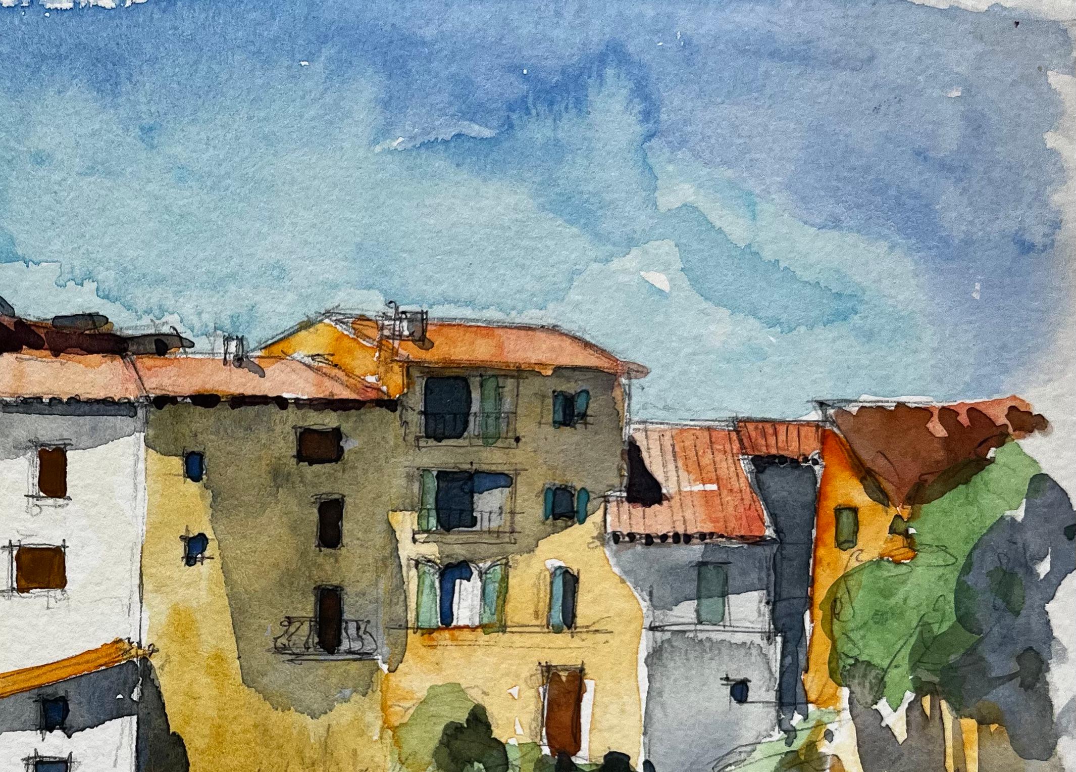 Acuarela de Casas de Pueblo Mediterr�áneo Árboles y Cielo de Verano - Landscape Art Gris de Pierre Neveu