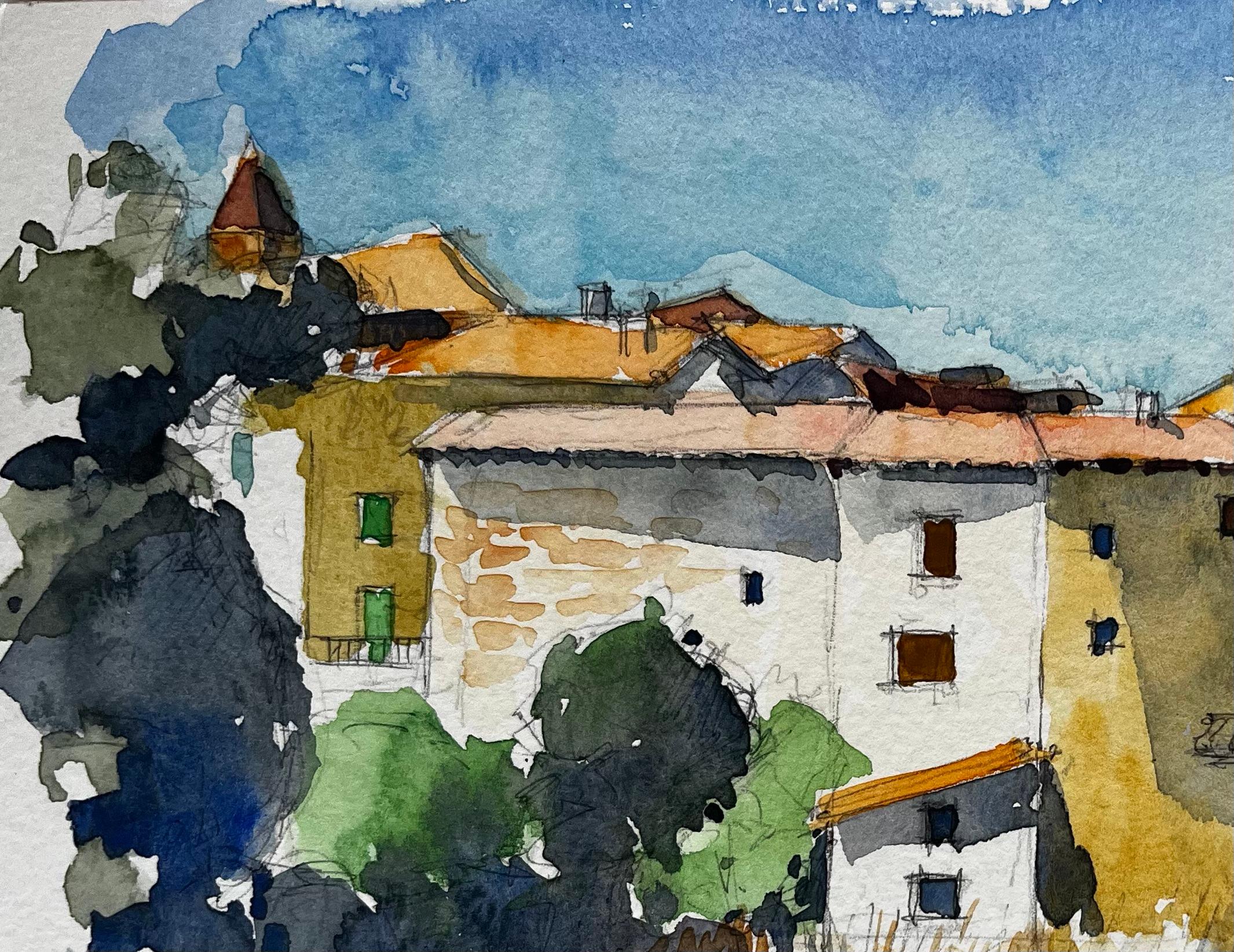 Acuarela de Casas de Pueblo Mediterráneo Árboles y Cielo de Verano - Art Posimpresionista de Pierre Neveu