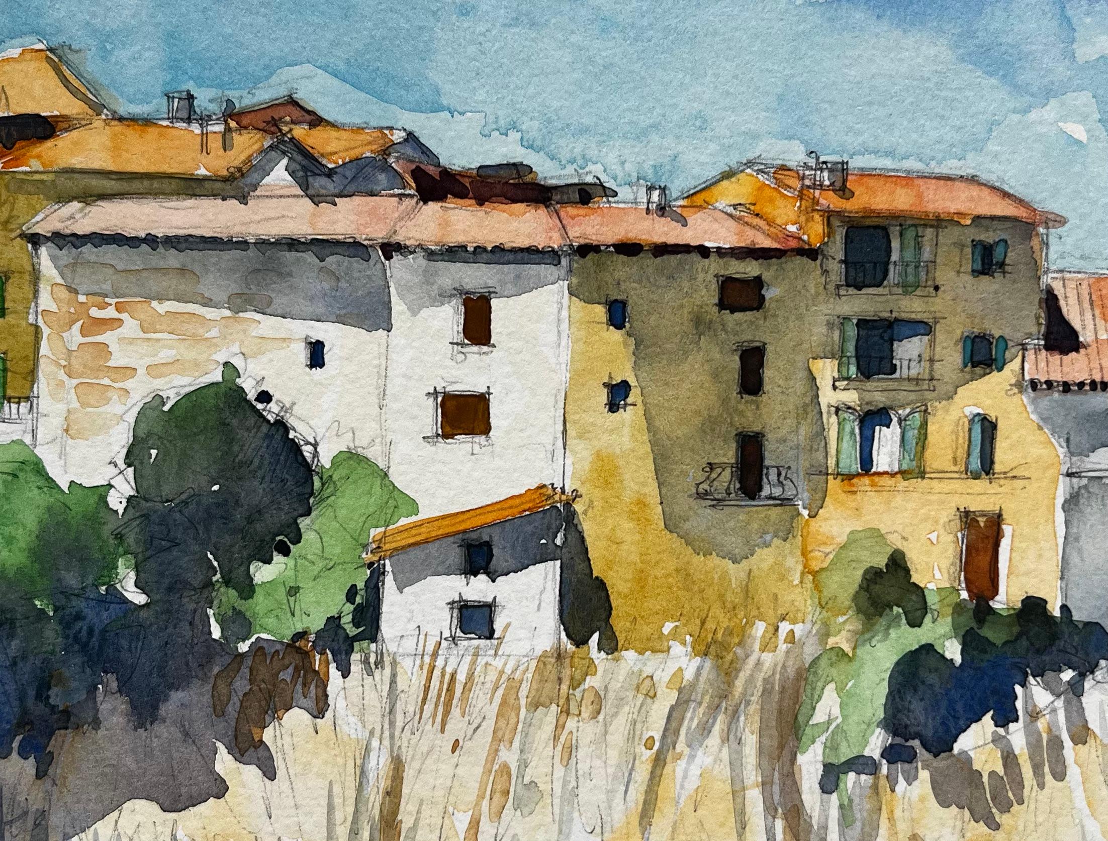 Acuarela de Casas de Pueblo Mediterráneo Árboles y Cielo de Verano en venta 2