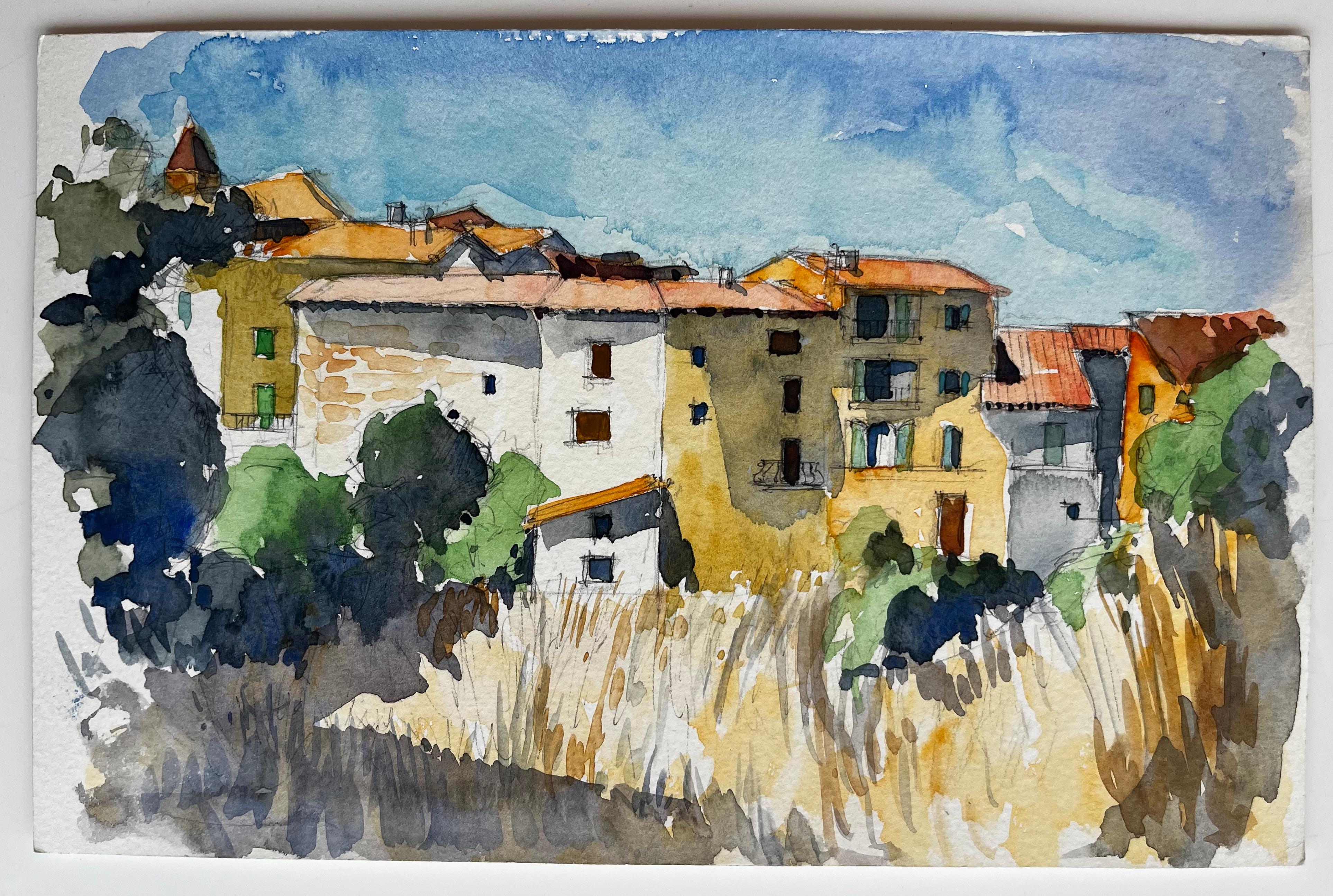 Acuarela de Casas de Pueblo Mediterráneo Árboles y Cielo de Verano - Art de Pierre Neveu