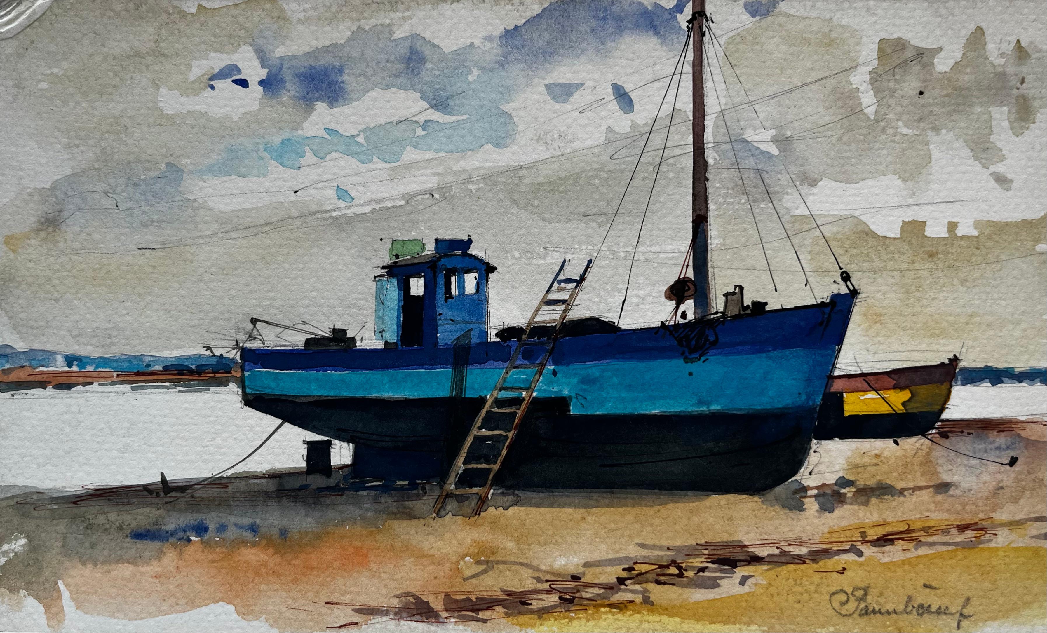 Blue Fishing Boat Low Tide Harbour Scene Coastal Watercolor