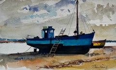 Blue Fishing Boat Low Tide Harbour Scene Coastal Watercolor