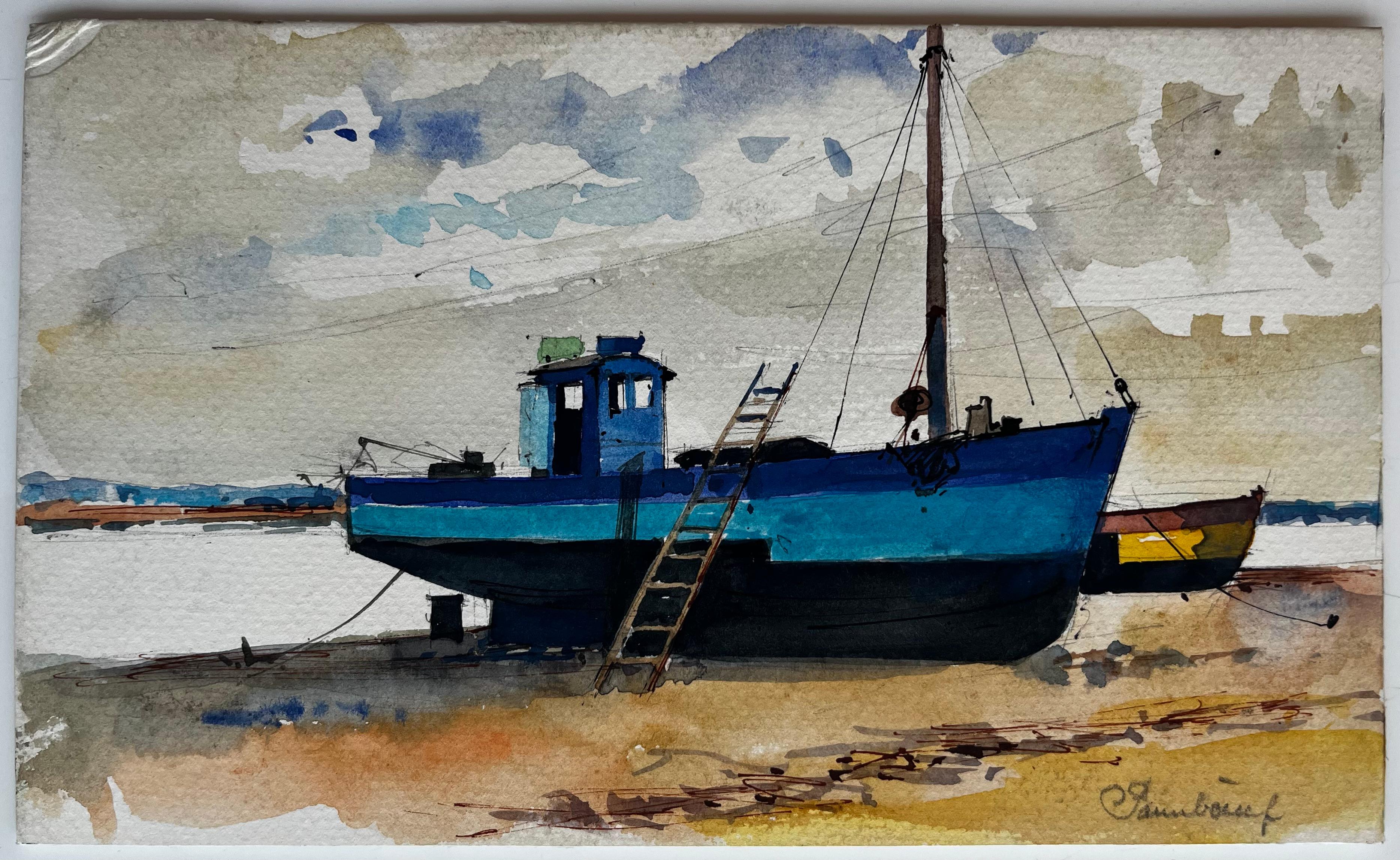 Bateau de pêche bleu marée basse scène portuaire aquarelle côtière - Art de Pierre Neveu