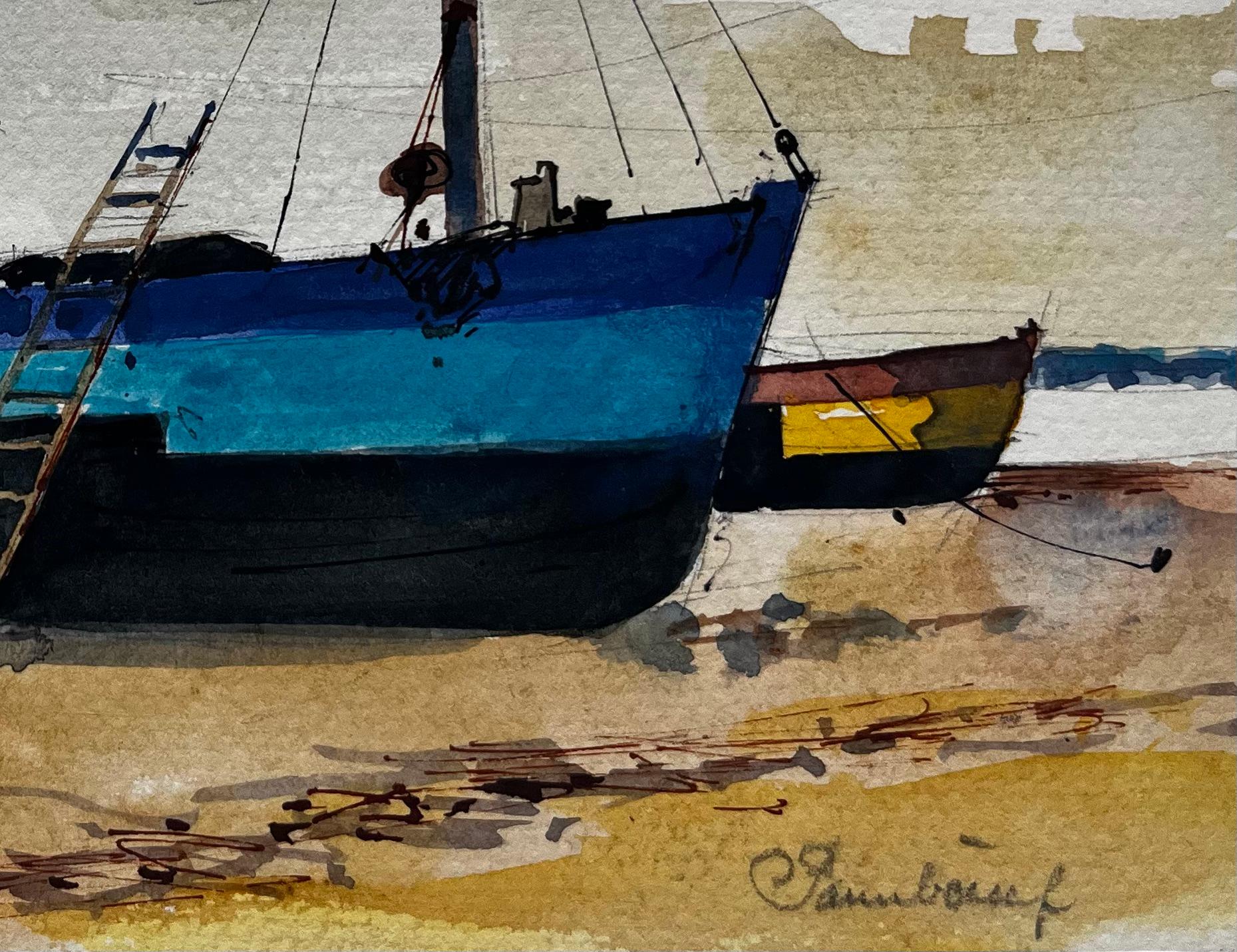 Bateau de pêche bleu marée basse scène portuaire aquarelle côtière - Post-impressionnisme Art par Pierre Neveu