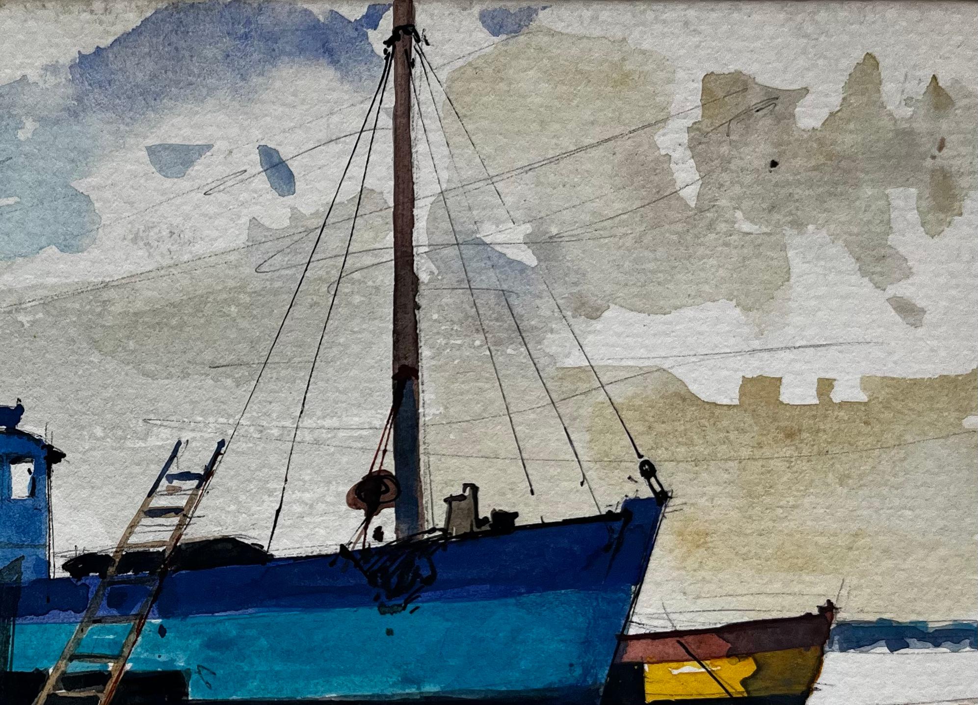 Titre : Bateau de pêche bleu marée basse scène portuaire aquarelle côtière
Artistics : Pierre Neveu (français né en 1929)
Support : Aquarelle sur carte, non encadrée
Signé : Inscription en bas à droite illisible
Taille (H x L) : 5.75 x 9.75