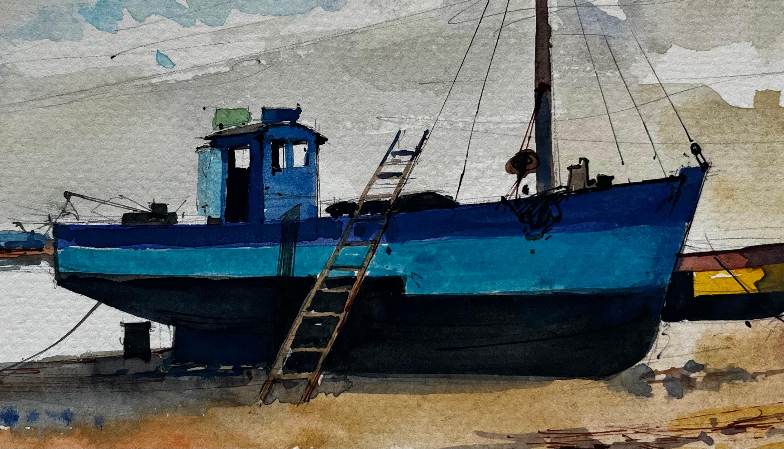 Bateau de pêche bleu marée basse scène portuaire aquarelle côtière en vente 2
