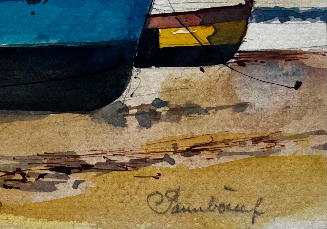 Bateau de pêche bleu marée basse scène portuaire aquarelle côtière en vente 3