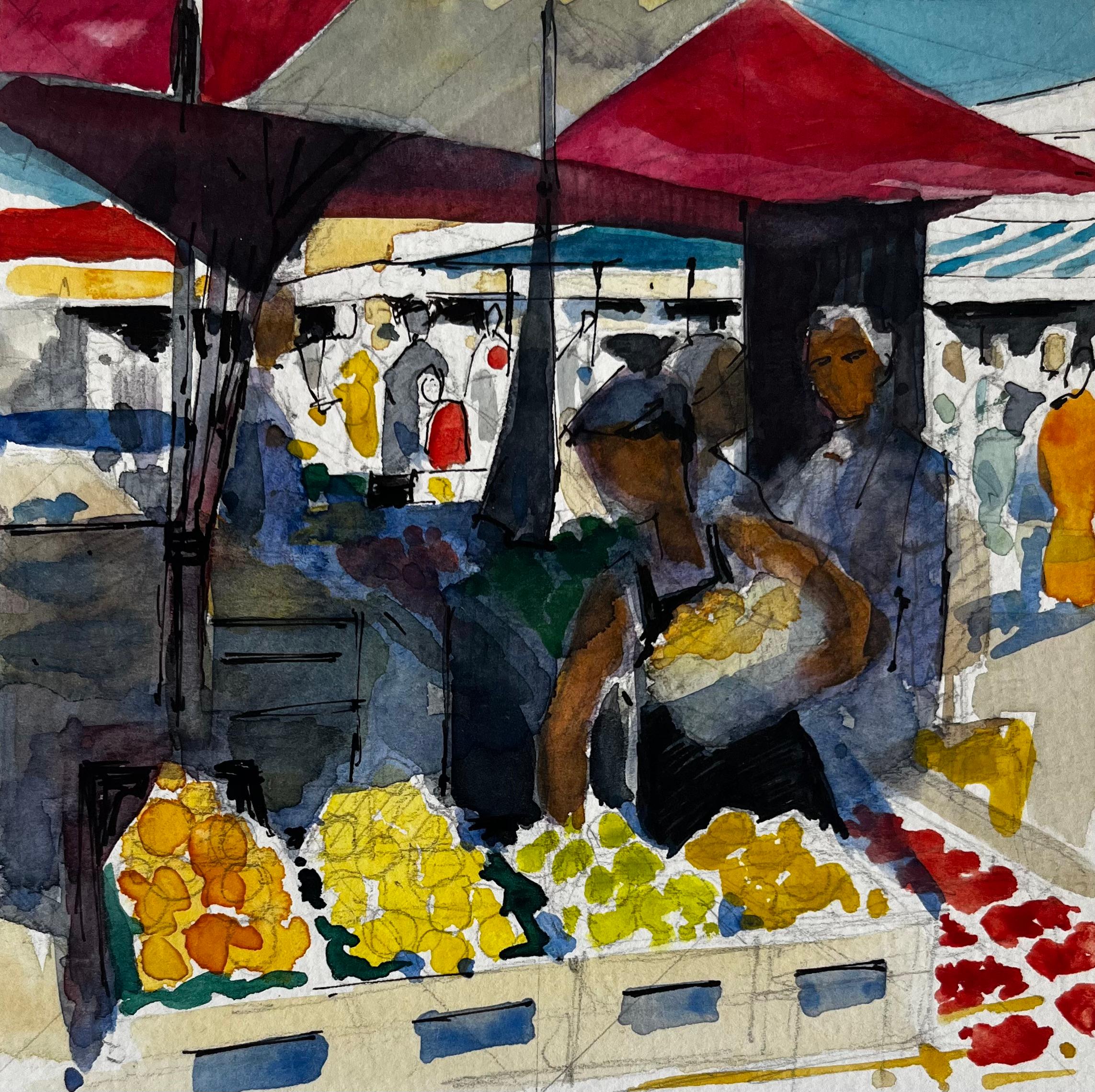 French Market Scene Fruit Stalls Figures and Colourful Awnings Watercolor