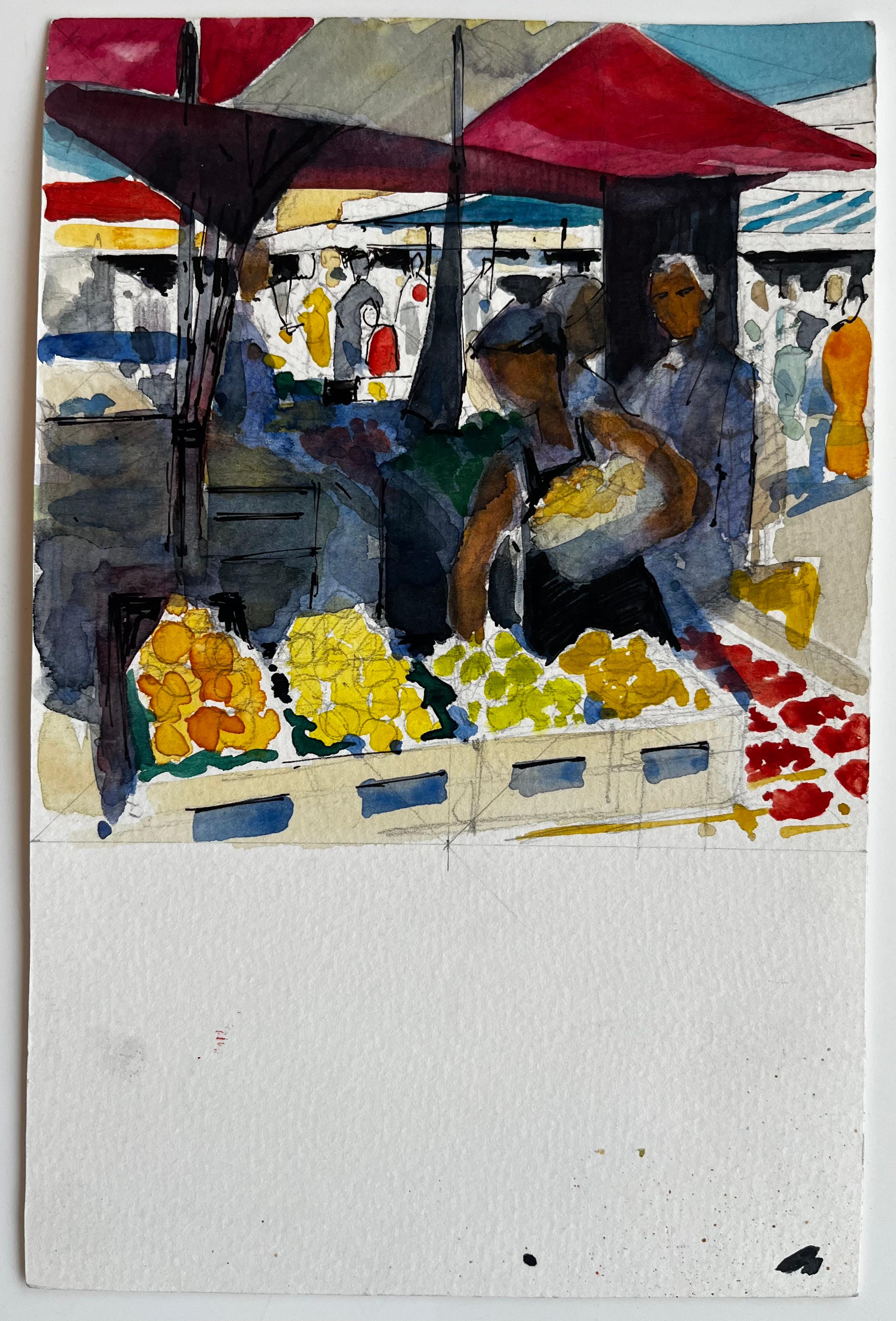 Scena di mercato francese Bancarelle di frutta e figure e tende colorate Acquerello - Art di Pierre Neveu