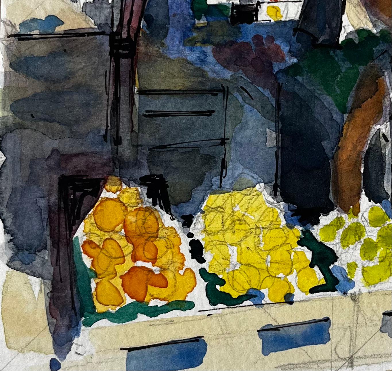 Titolo: Scena di mercato francese con bancarelle di frutta e figure e tende da sole colorate, acquerello
Artista: Pierre Neveu (francese, nato nel 1929)
Medium: Acquerello su carta da artisti, senza cornice
Dimensioni (H. x L): 9,75 x 6,25