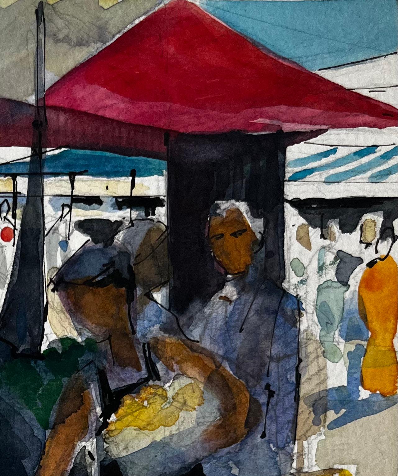 Scena di mercato francese Bancarelle di frutta e figure e tende colorate Acquerello - Art Postimpressionismo di Pierre Neveu