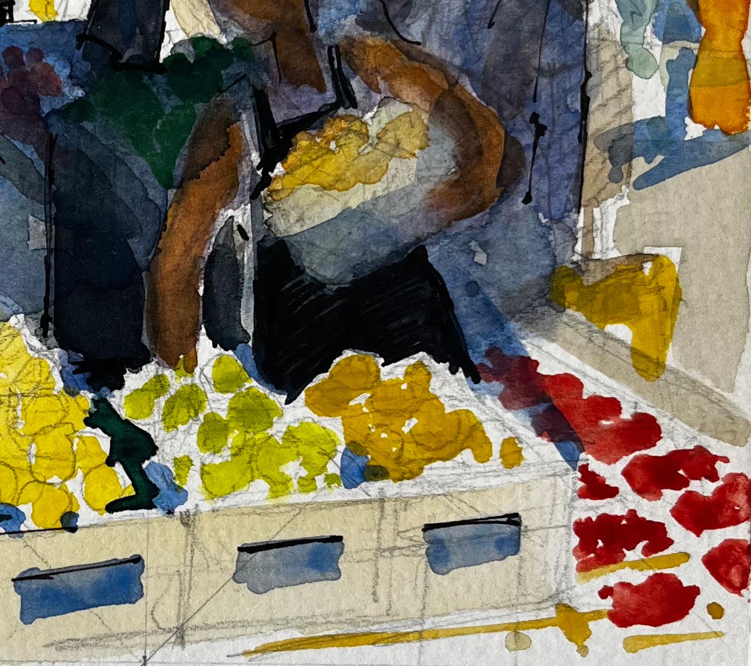 Scena di mercato francese Bancarelle di frutta e figure e tende colorate Acquerello - Landscape Art Nero di Pierre Neveu