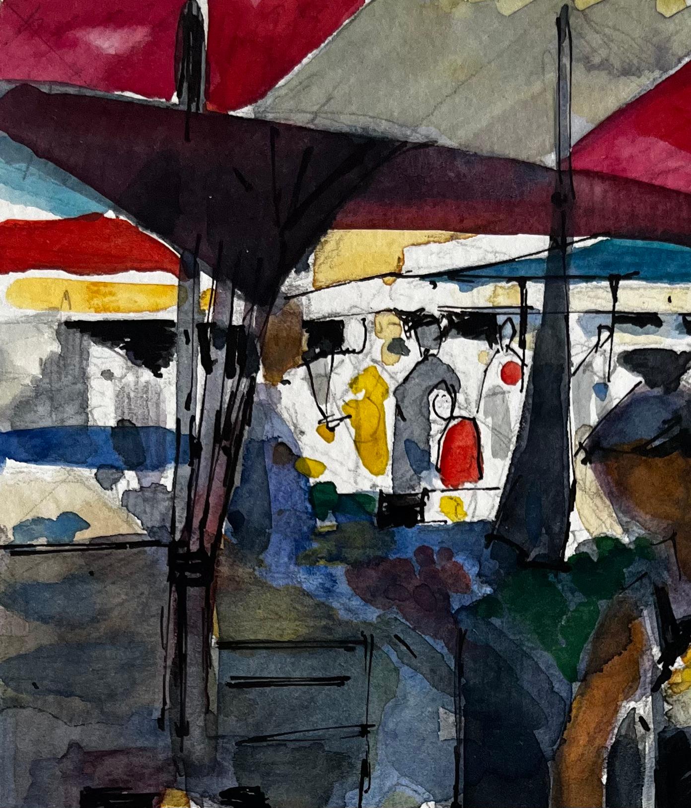 Scena di mercato francese Bancarelle di frutta e figure e tende colorate Acquerello in vendita 1