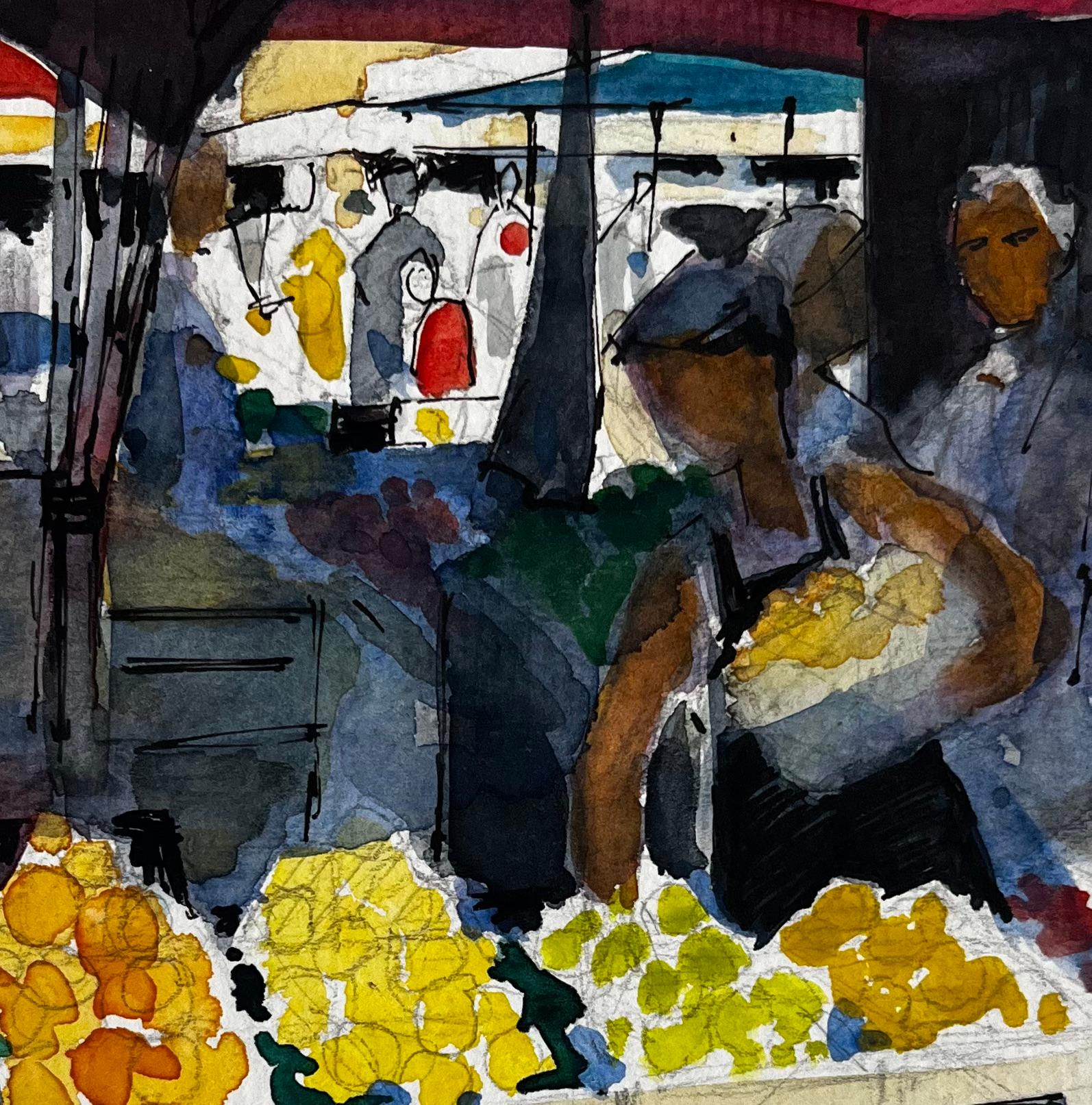 Scena di mercato francese Bancarelle di frutta e figure e tende colorate Acquerello in vendita 2