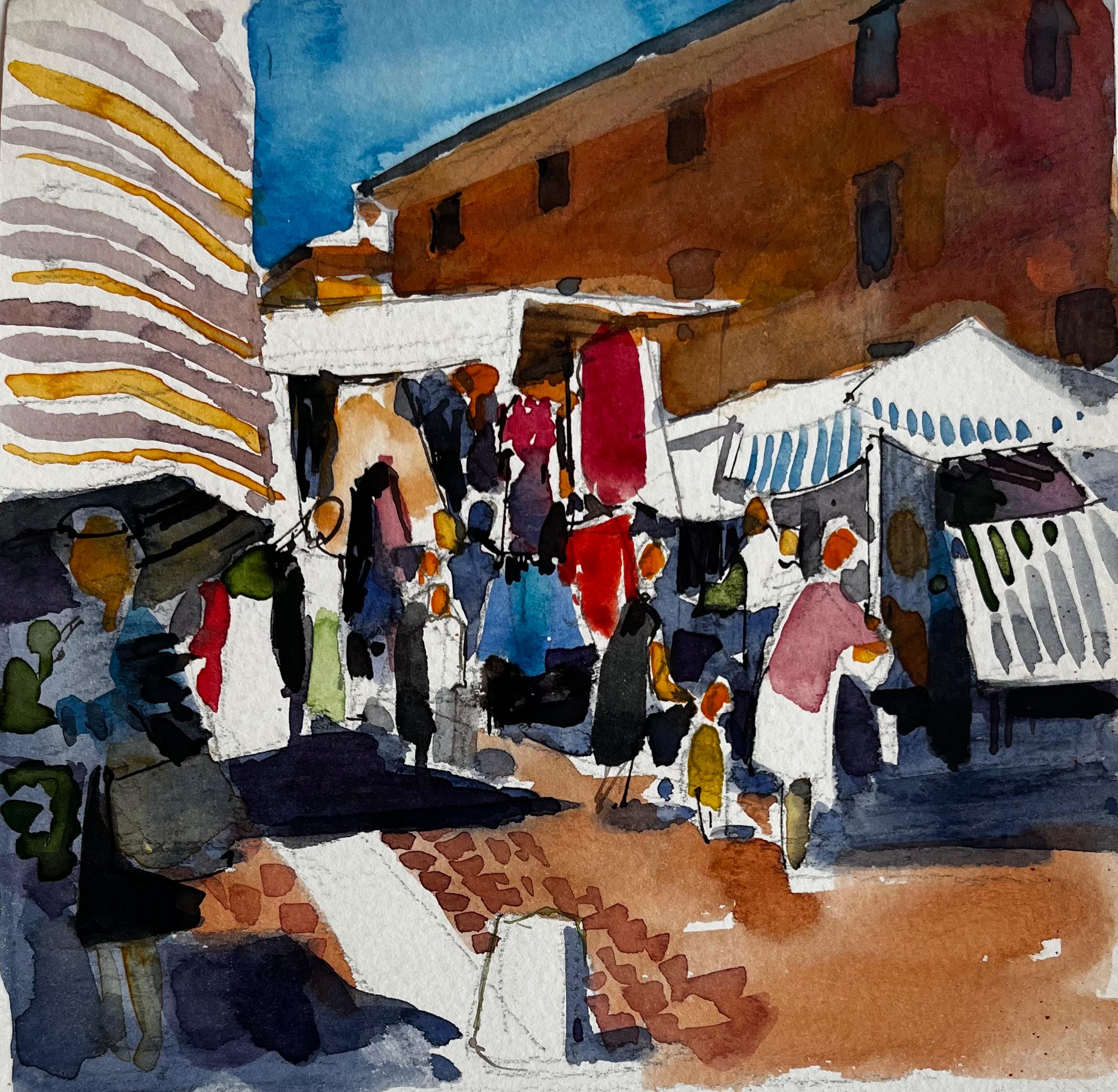 Französisch Street Market Scene Bunte Figuren Stände und Sunlit Architektur