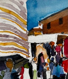 French Street Market Scene Colourful Figures Stalls and Sunlit Architecture