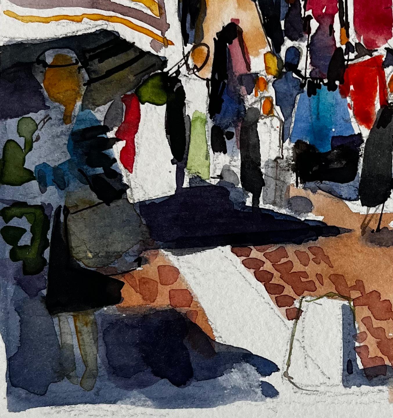 Scena di mercato francese con bancarelle di figure colorate e architettura illuminata dal sole - Landscape Art Nero di Pierre Neveu